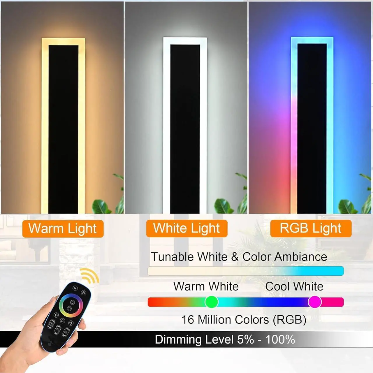 Alt view image 4 of 6 - 2 Pack Outdoor RGB Long Wall Lights Smart 24inch RGB/Warm/White Dimmable Modern Led Wall Mounted Lighting Ip65 Waterproof Long Wall Sconce with Remote Control for Party Gathering