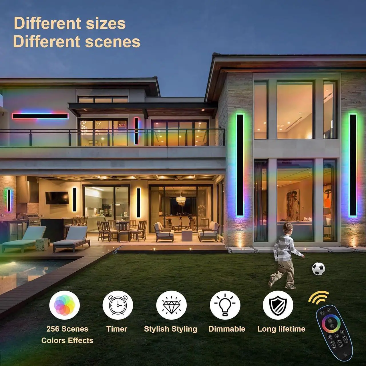 Alt view image 3 of 6 - 2 Pack Outdoor RGB Long Wall Lights Smart 24inch RGB/Warm/White Dimmable Modern Led Wall Mounted Lighting Ip65 Waterproof Long Wall Sconce with Remote Control for Party Gathering