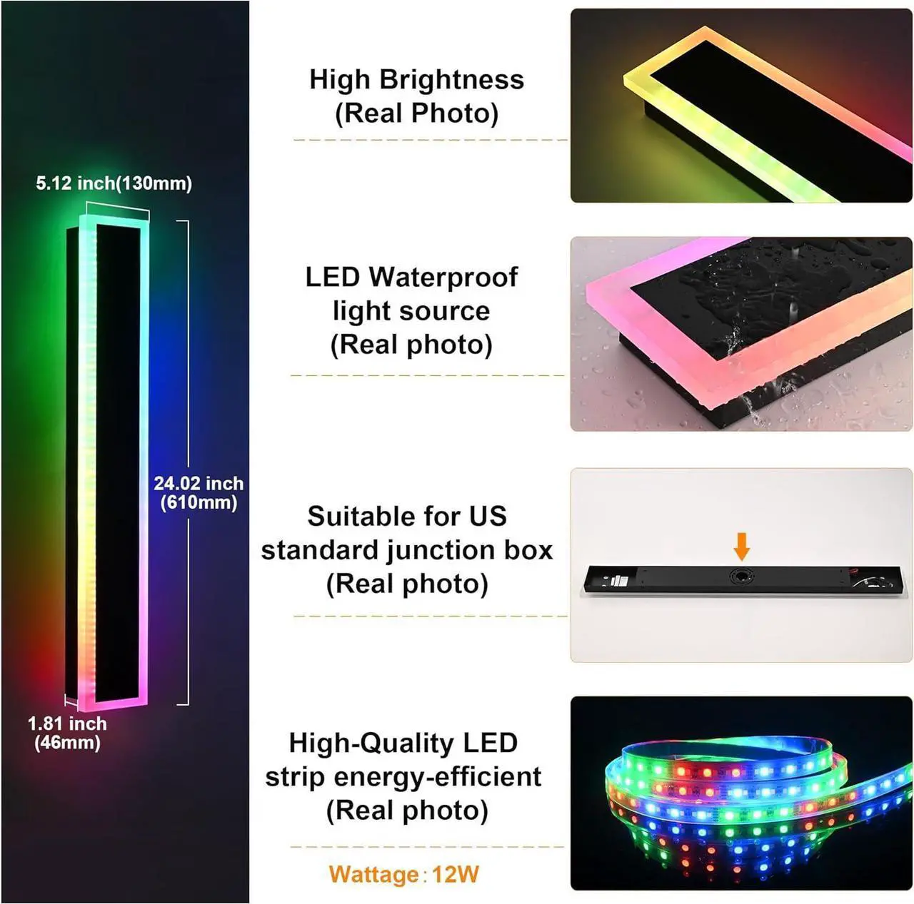 Alt view image 5 of 6 - 2 Pack Outdoor RGB Long Wall Lights Smart 24inch RGB/Warm/White Dimmable Modern Led Wall Mounted Lighting Ip65 Waterproof Long Wall Sconce with Remote Control for Party Gathering
