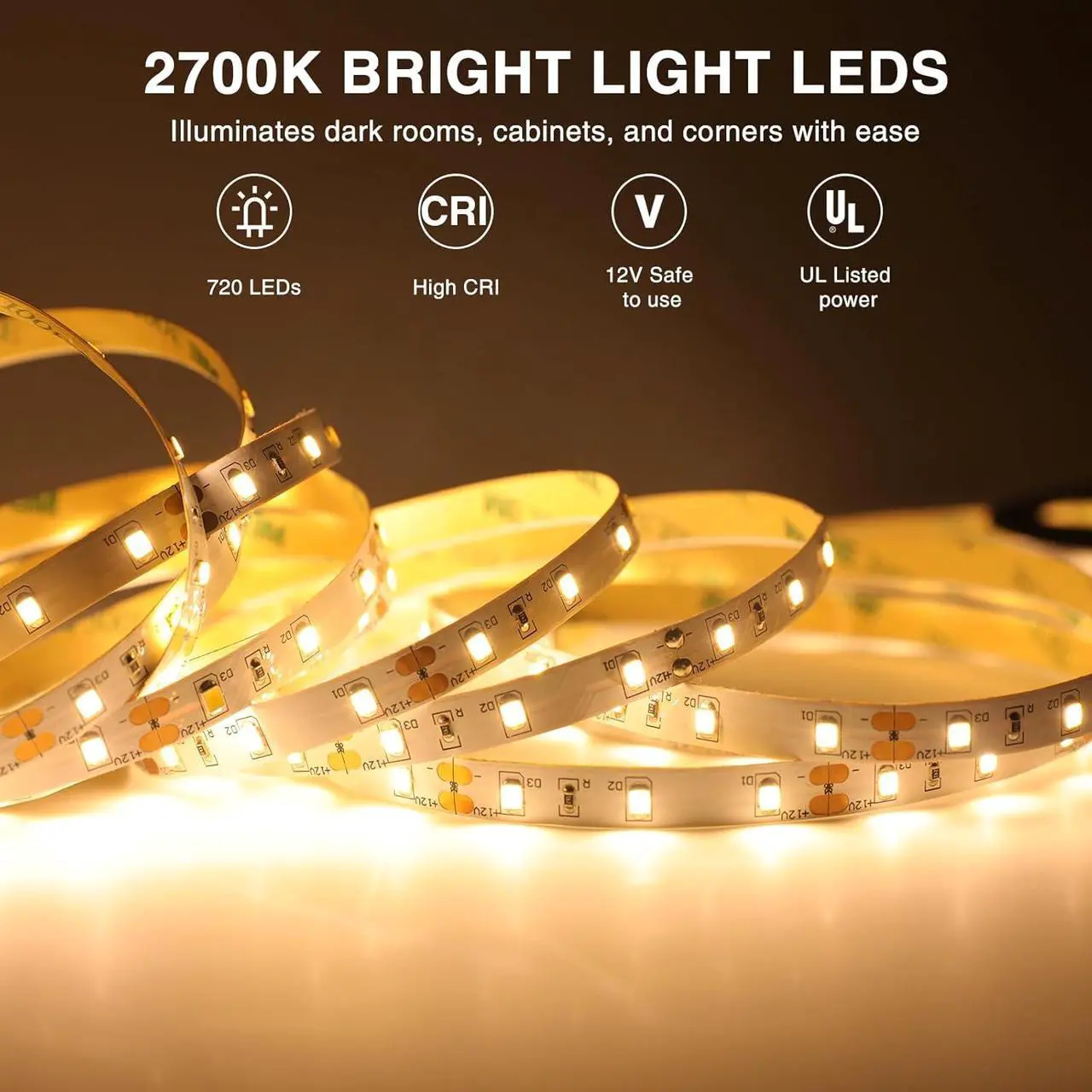 Alt view image 2 of 7 - Warm White LED Strip Lighting 39.37ft 3000K Dimmable Led Tape Light 12m Bright 720 LEDs 2835 Flexible Ribbon Christmas Light 12V Adhesive Rope Lights for Kitchen Under Cabinet Bedroom