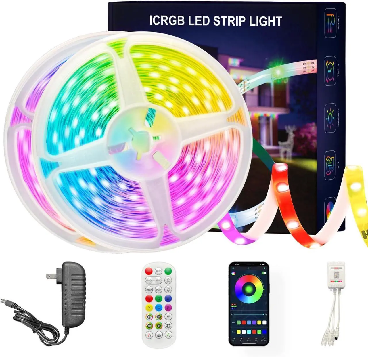 Main image of 100 ft(2 Rolls of 50ft) IC+RGB Led Lights for Bedroom Music Sync Color Changing Led Strip Lights with Remote App Control Led Strip Led Lights for Room Home Kitchen Decor Party