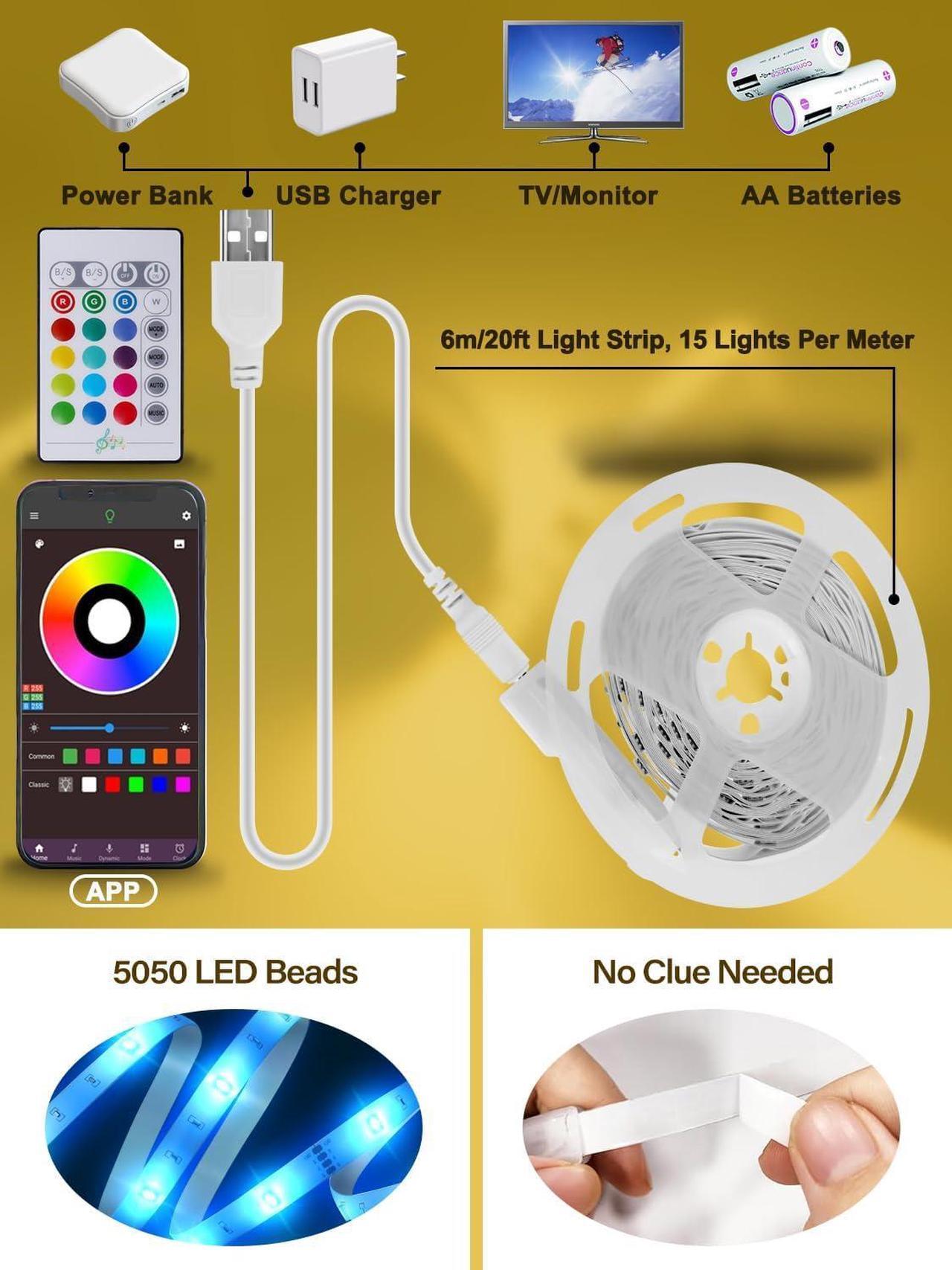 Alt view image 6 of 6 - Led Lights for TV 20ft TV Backlight for 32-80 Inch USB Light Strip with Remote App Control RGB Strip Lights Music Sync Color Changing Led Lights for Bedroom Gaming Accessories