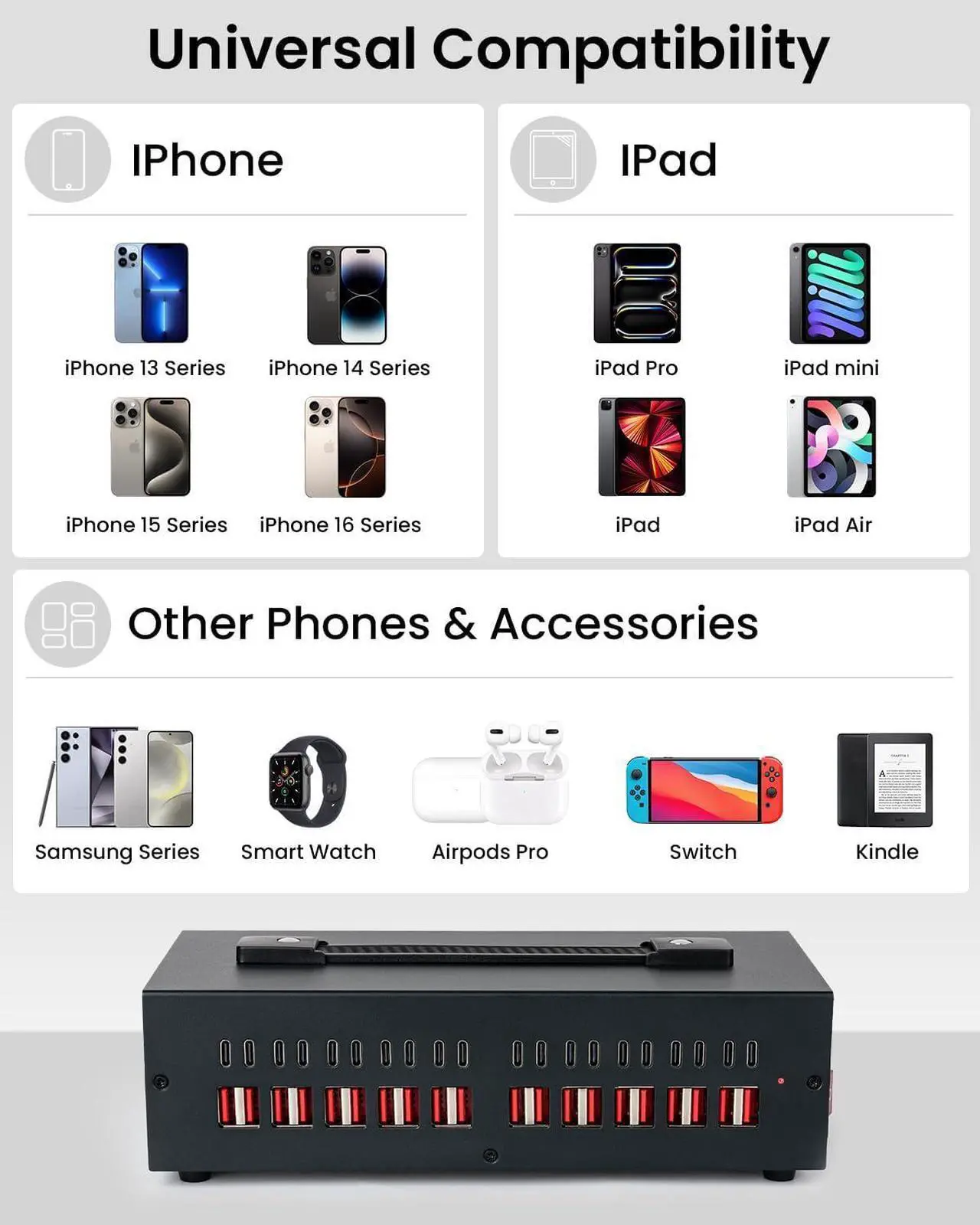 Alt view image 4 of 7 - 300W USB~C Charging Station 40 Port (20 USB A & 20 USB~C Port) USB~C Charger Block Fast Charging Station for Multiple Devices Desktop USB Wall Charger Compatible for iPhone iPad Tablets