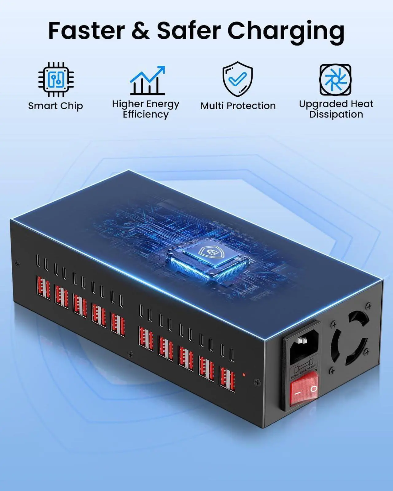 Alt view image 6 of 7 - 300W USB~C Charging Station 40 Port (20 USB A & 20 USB~C Port) USB~C Charger Block Fast Charging Station for Multiple Devices Desktop USB Wall Charger Compatible for iPhone iPad Tablets