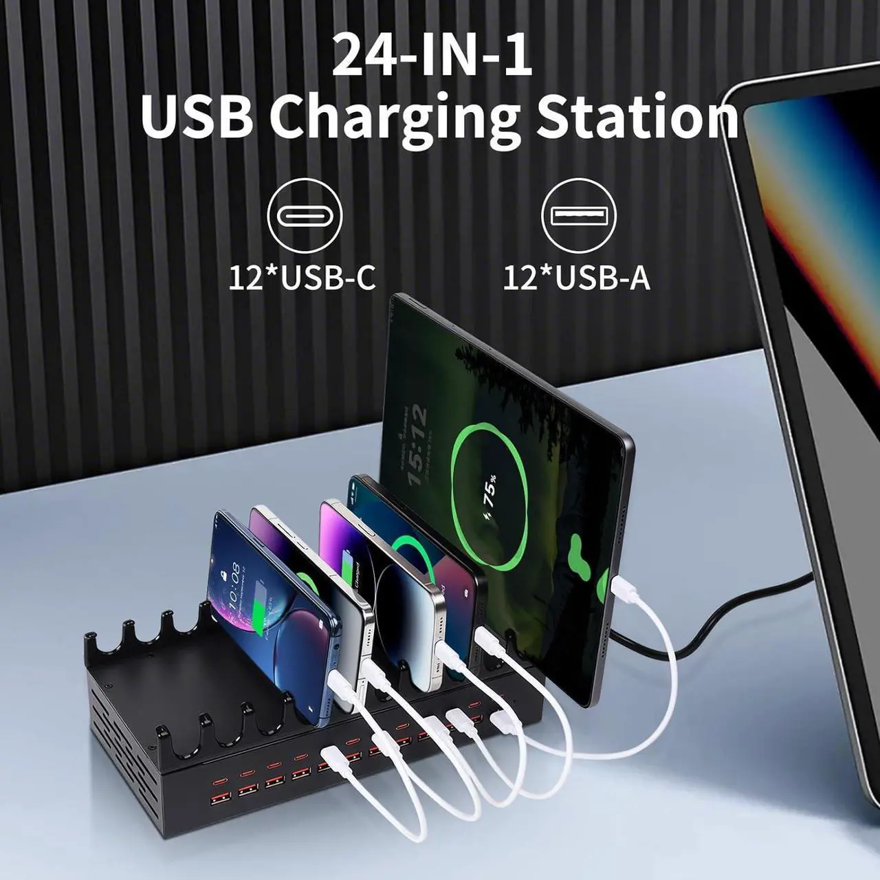 Alt view image 2 of 7 - 300W Charging Station for Multiple Devices - 24 Ports USB Fast Charging Station with Smart Power Delivery - Kindle Phone Tablet Charger Station for Home Office School