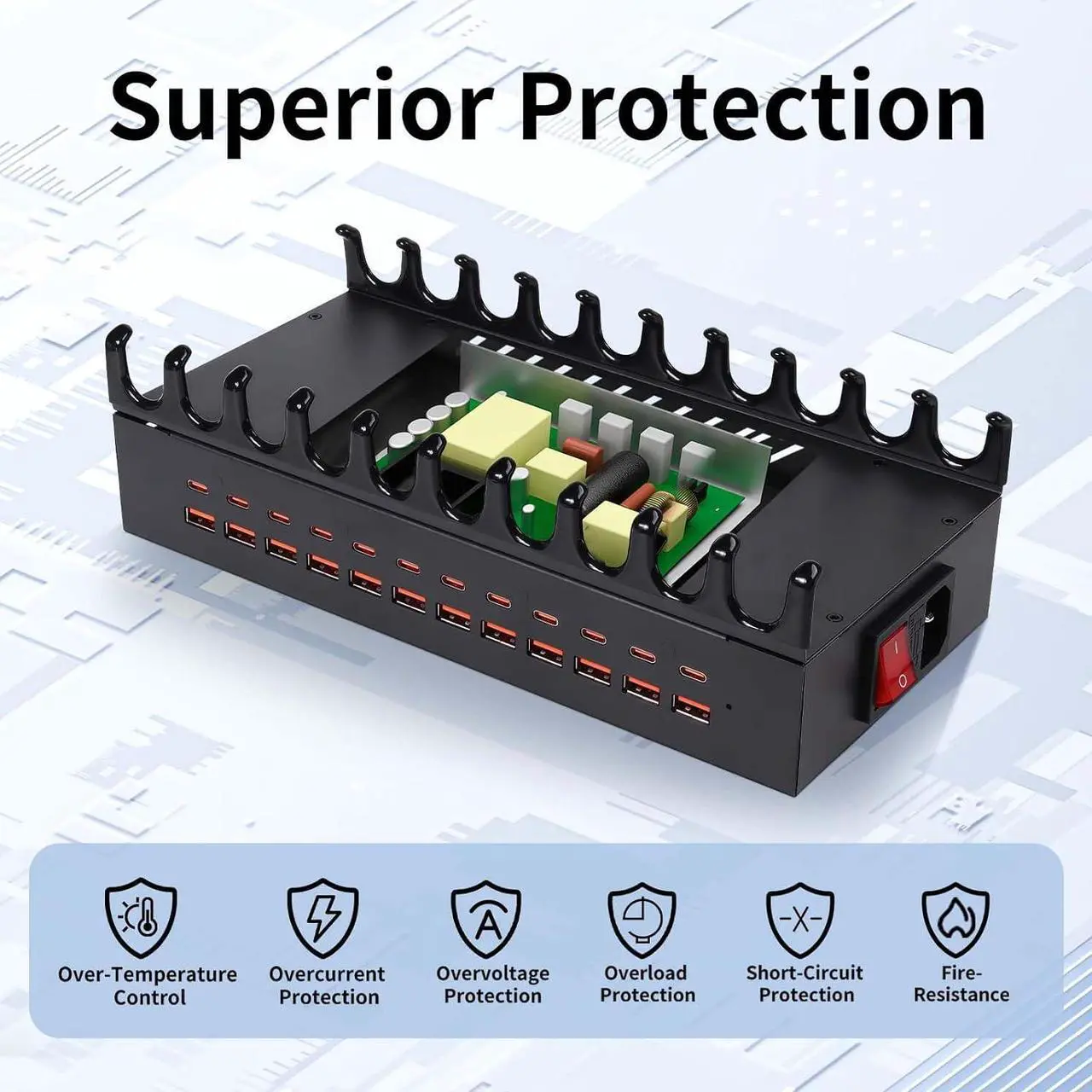Alt view image 4 of 7 - 300W Charging Station for Multiple Devices - 24 Ports USB Fast Charging Station with Smart Power Delivery - Kindle Phone Tablet Charger Station for Home Office School