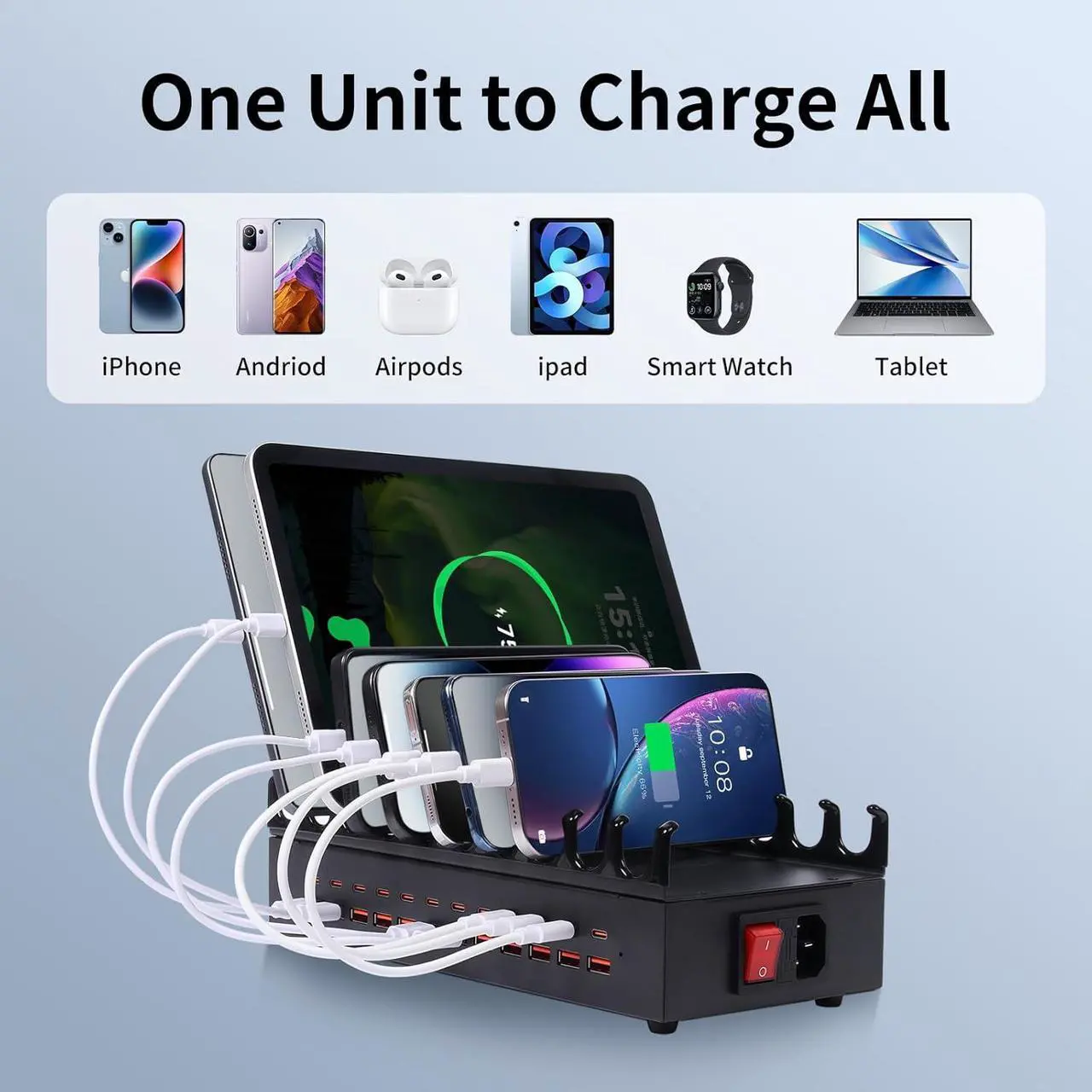 Alt view image 5 of 7 - 300W Charging Station for Multiple Devices - 24 Ports USB Fast Charging Station with Smart Power Delivery - Kindle Phone Tablet Charger Station for Home Office School