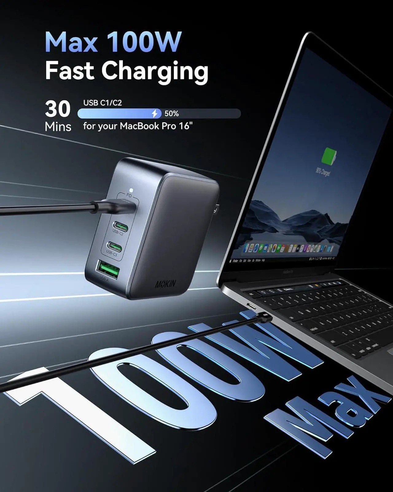 Alt view image 2 of 7 - USB C Charger Block 100W, 4 Port GaN Charger USB C Fast Charging Station Foldable Compact Wall Charging Power Adapter for MacBook Pro/Air, Dell XPS, iPad Pro, iPhone 16/15, Galaxy S24, and More