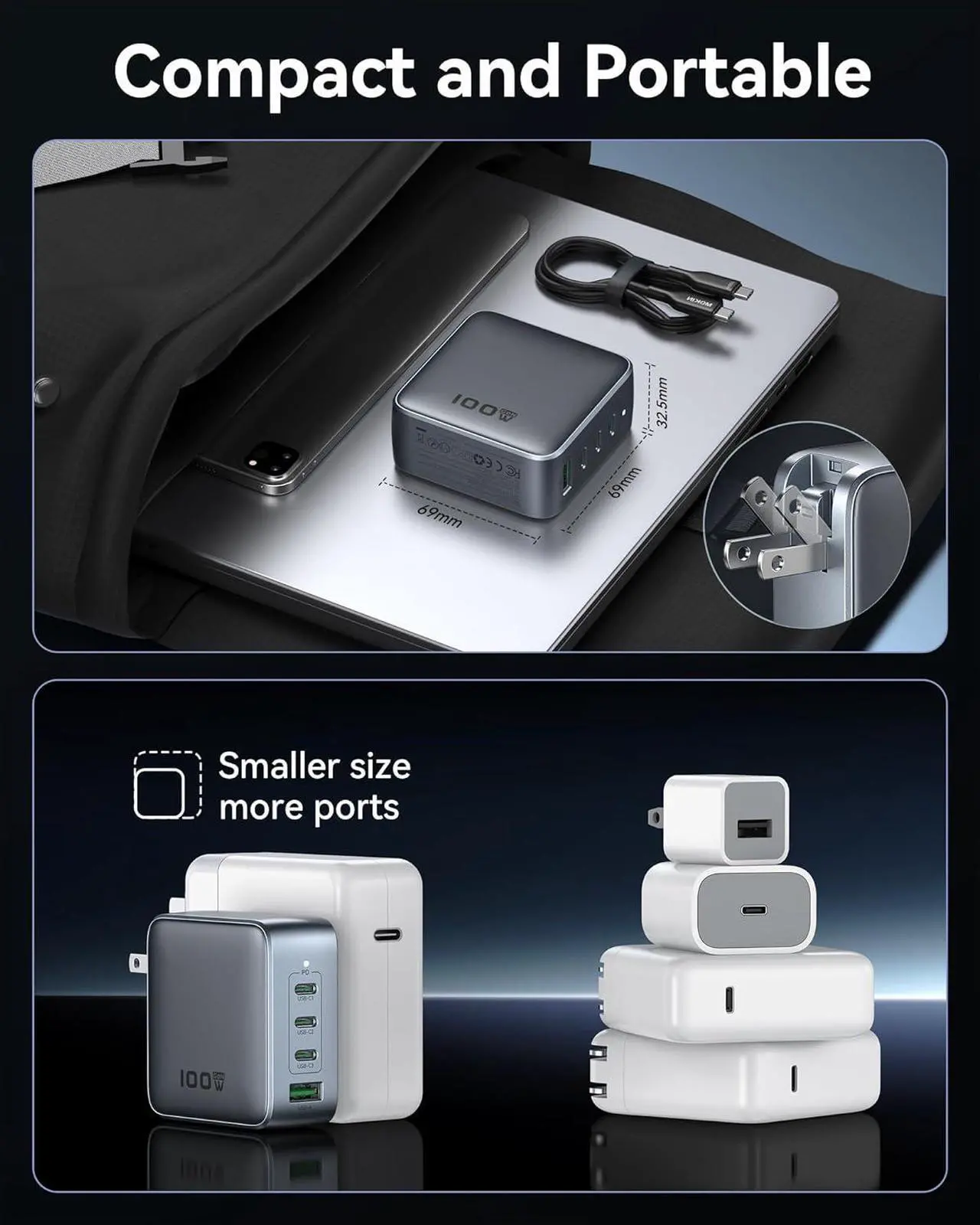 Alt view image 6 of 7 - USB C Charger Block 100W, 4 Port GaN Charger USB C Fast Charging Station Foldable Compact Wall Charging Power Adapter for MacBook Pro/Air, Dell XPS, iPad Pro, iPhone 16/15, Galaxy S24, and More