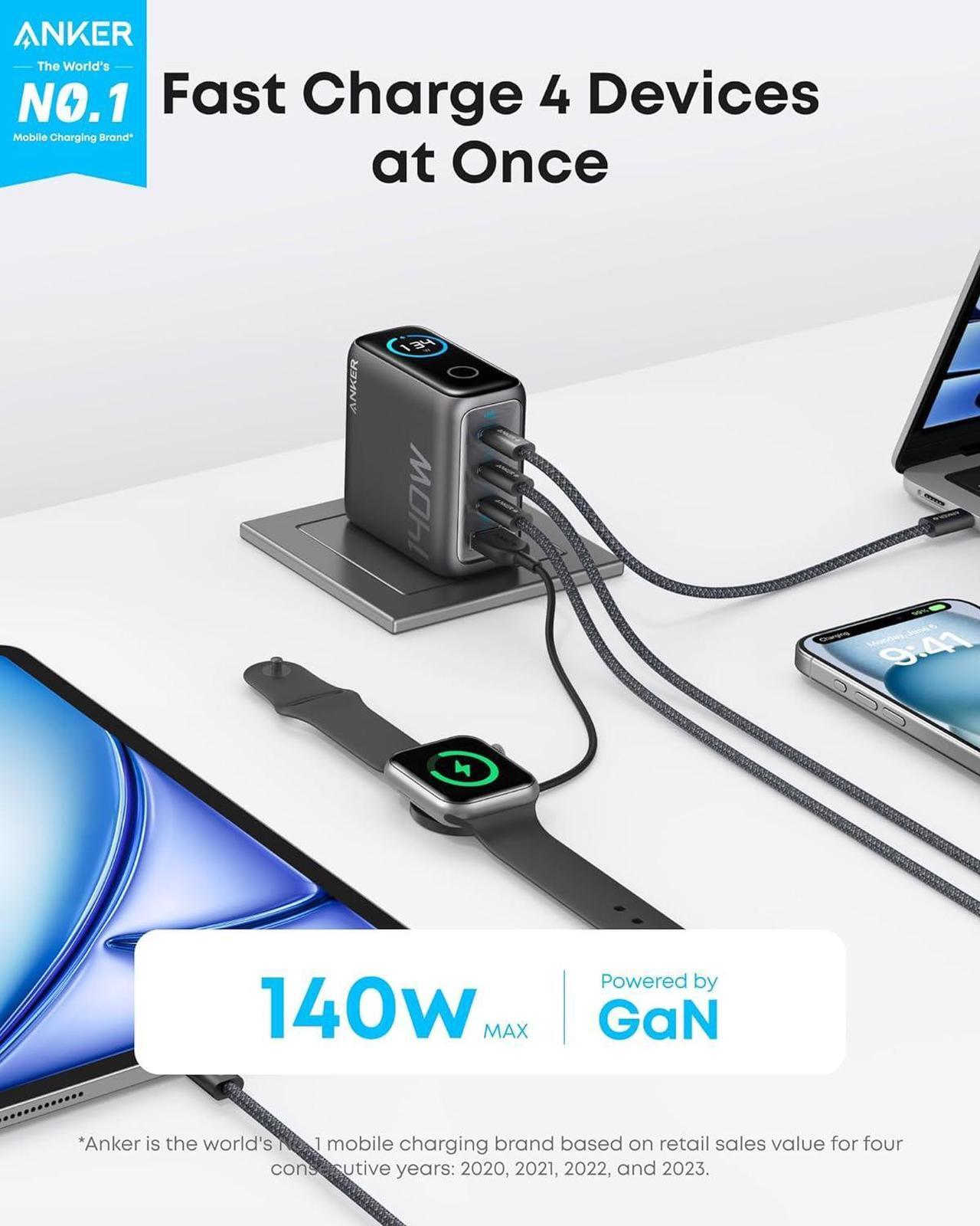 Alt view image 2 of 6 - Laptop Charger 140W MAX USB C Charger 4-Port Multi-Device Fast Charging Advanced GaN Power Adapter Intuitive Touch Controls for MacBook iPhone 16 Series  Galaxy Pixel and More