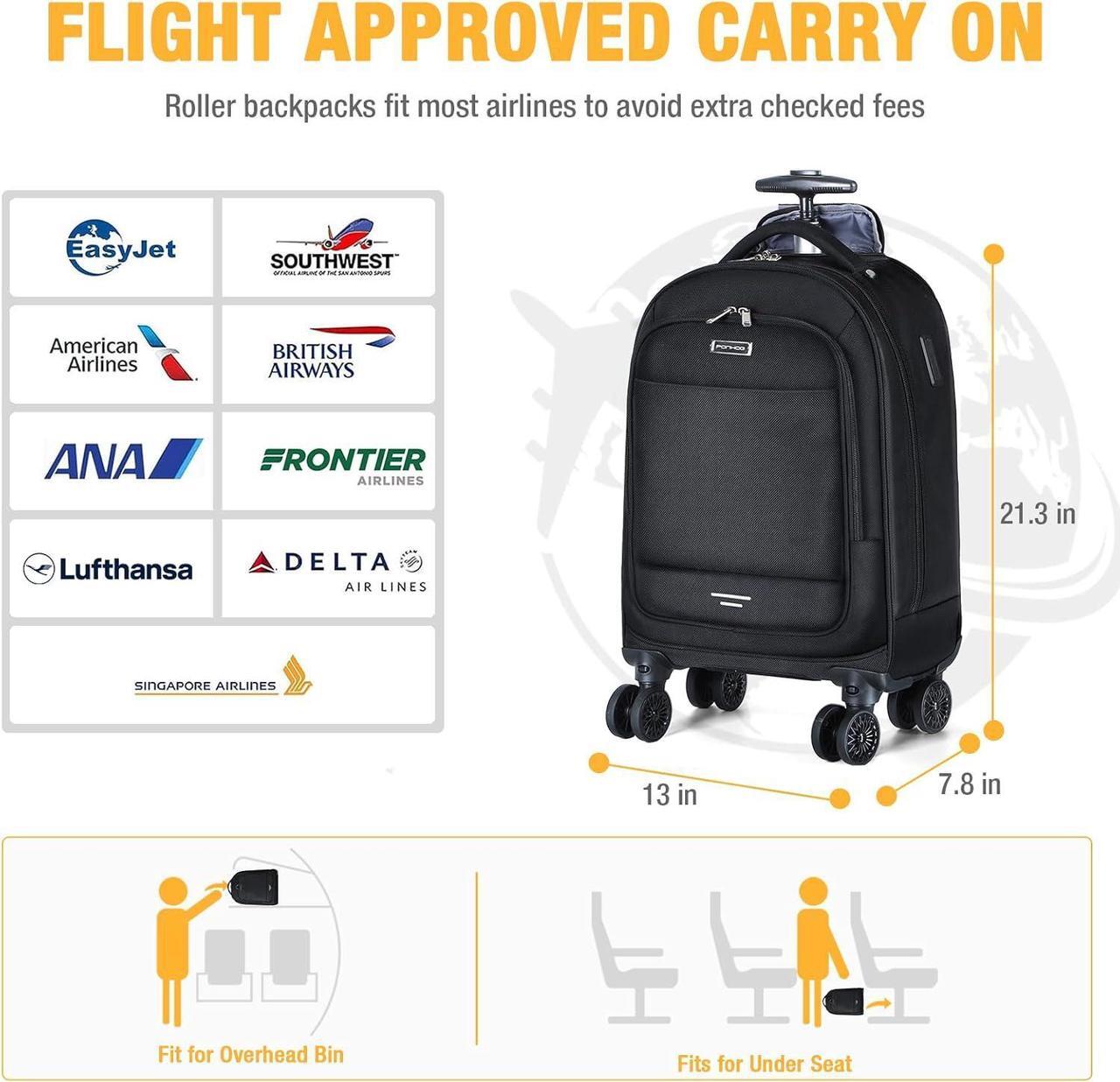 Alt view image 3 of 7 - Rolling Backpack - 17 inch Laptop Backpack with 4 Spinner Wheels Carry on Travel Backpack Water Resistant Wheeled Backpacks for Women Men Suitable for Overnight College Work Black