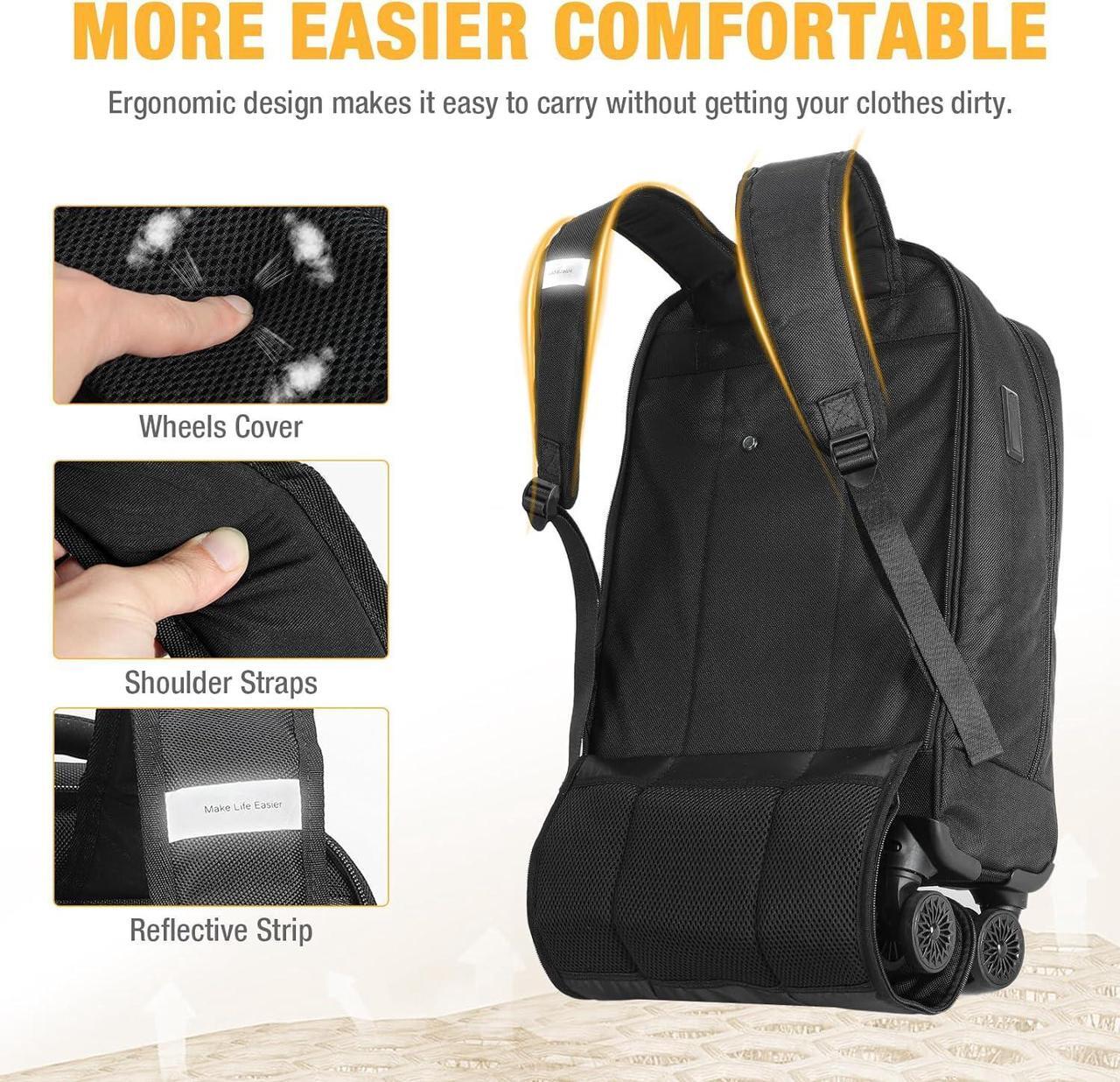 Alt view image 7 of 7 - Rolling Backpack - 17 inch Laptop Backpack with 4 Spinner Wheels Carry on Travel Backpack Water Resistant Wheeled Backpacks for Women Men Suitable for Overnight College Work Black