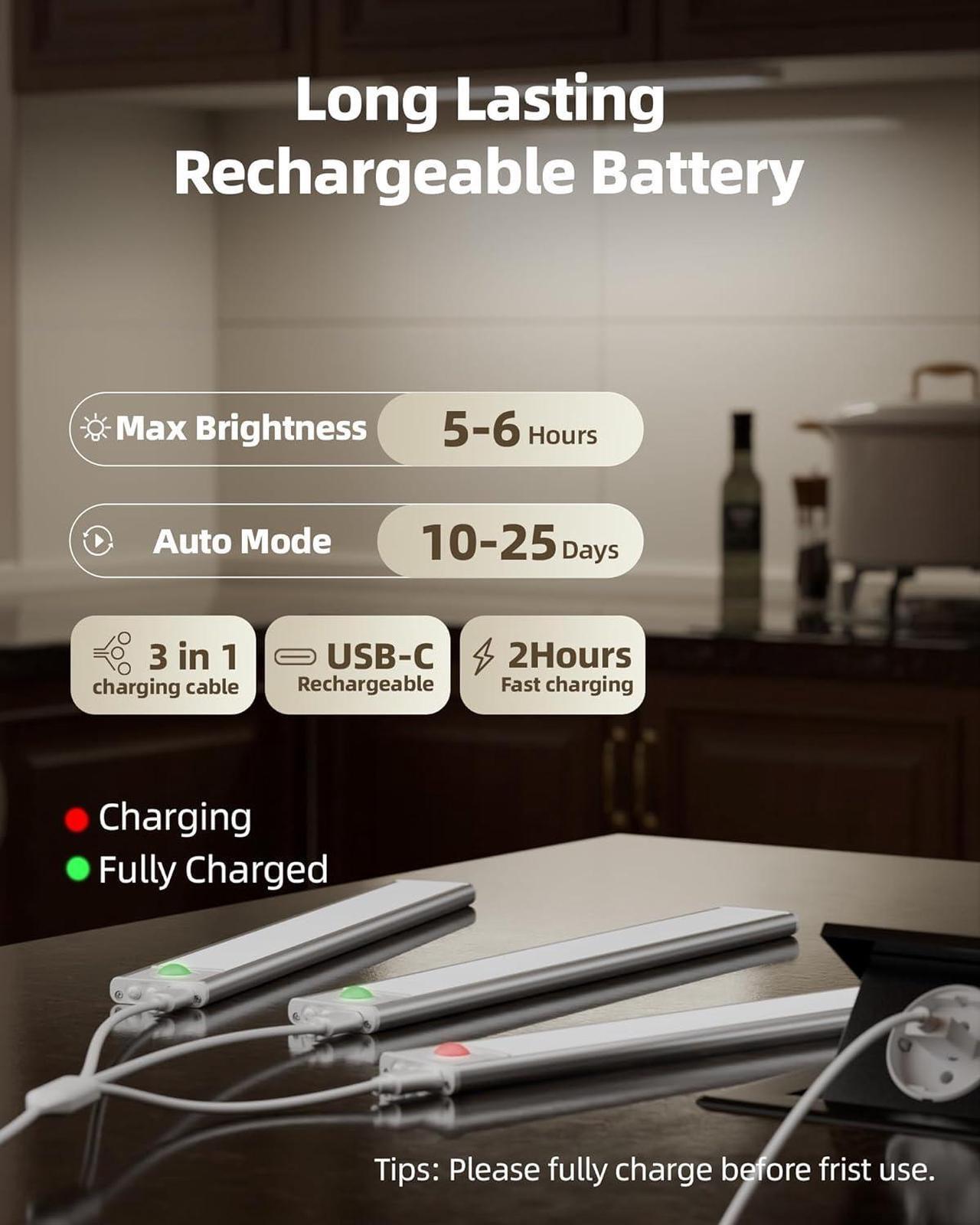 Alt view image 4 of 7 - Under Cabinet Lighting LED Motion Sensor Light Indoor Rechargeable Motion Activated Under Cabinet Lights Battery Operated Dimmable & 3 Color Temps Wireless Under Counter Lights for Kitchen(6Pack)