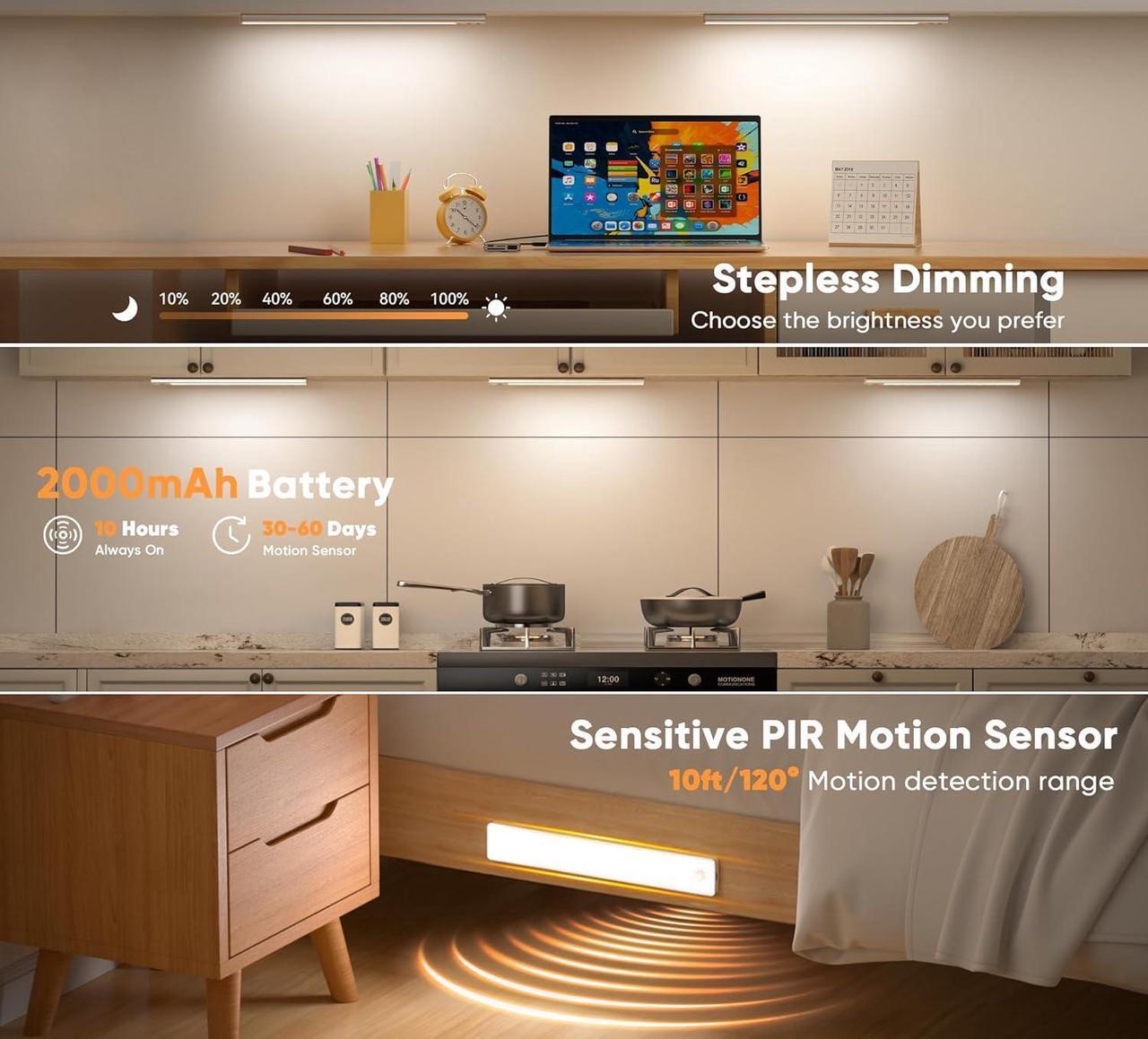 Alt view image 2 of 7 - Under Cabinet Lighting 2 Pack Motion Sensor Light Indoor Rechargeable Closet Lights Battery Operated LED Lights for Bedroom Wireless Dimmable Cabinet Lights Motion Sensor Step Night Light