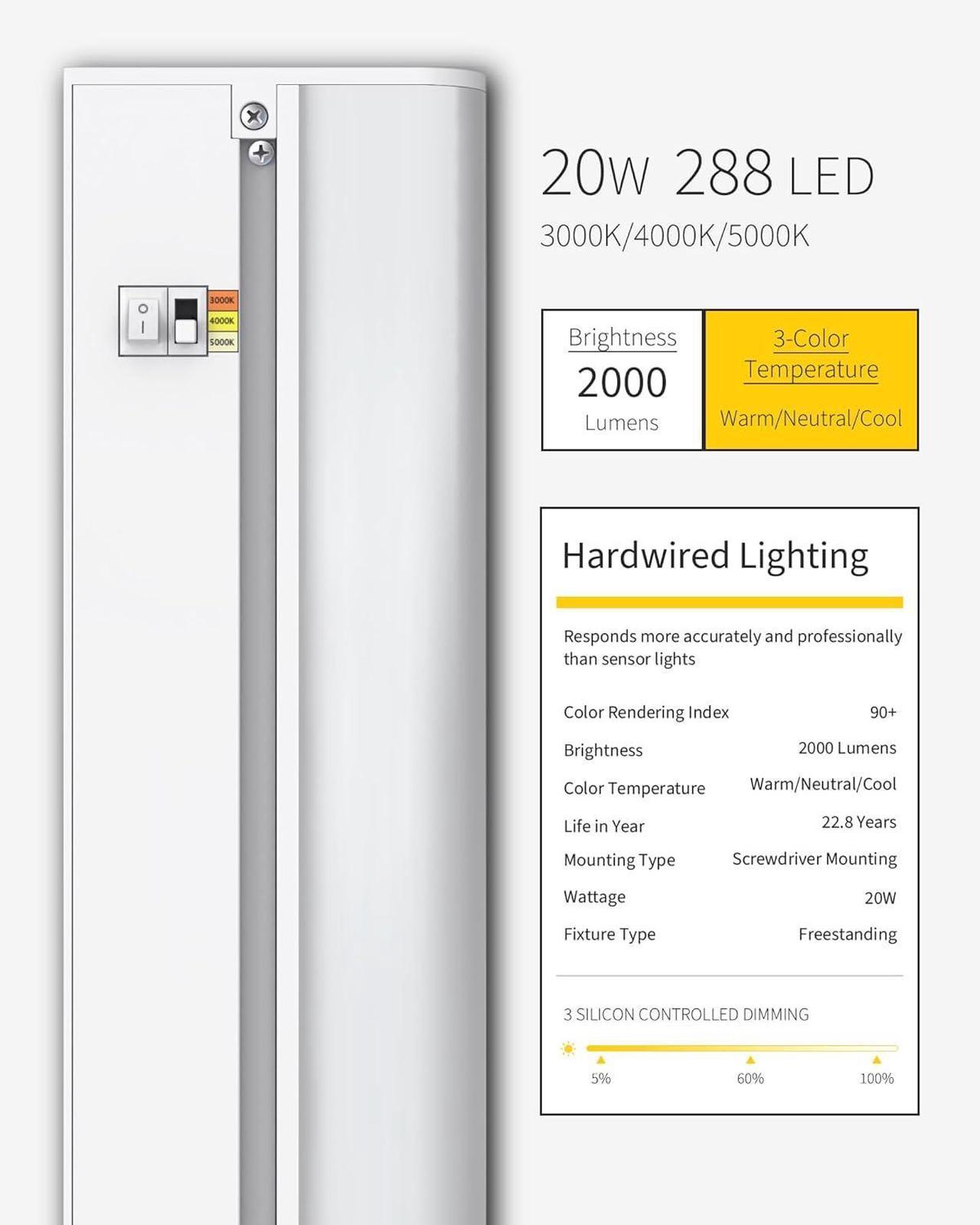 Alt view image 7 of 7 - Hardwired Under Cabinet Lighting 36 inch 3 Color Setting Warm White Cool White Daylight with Triac Dimmable Linkable Under Counter Lights for Kitchen 20W 120V 288 LED 2000Lumen CRI 93