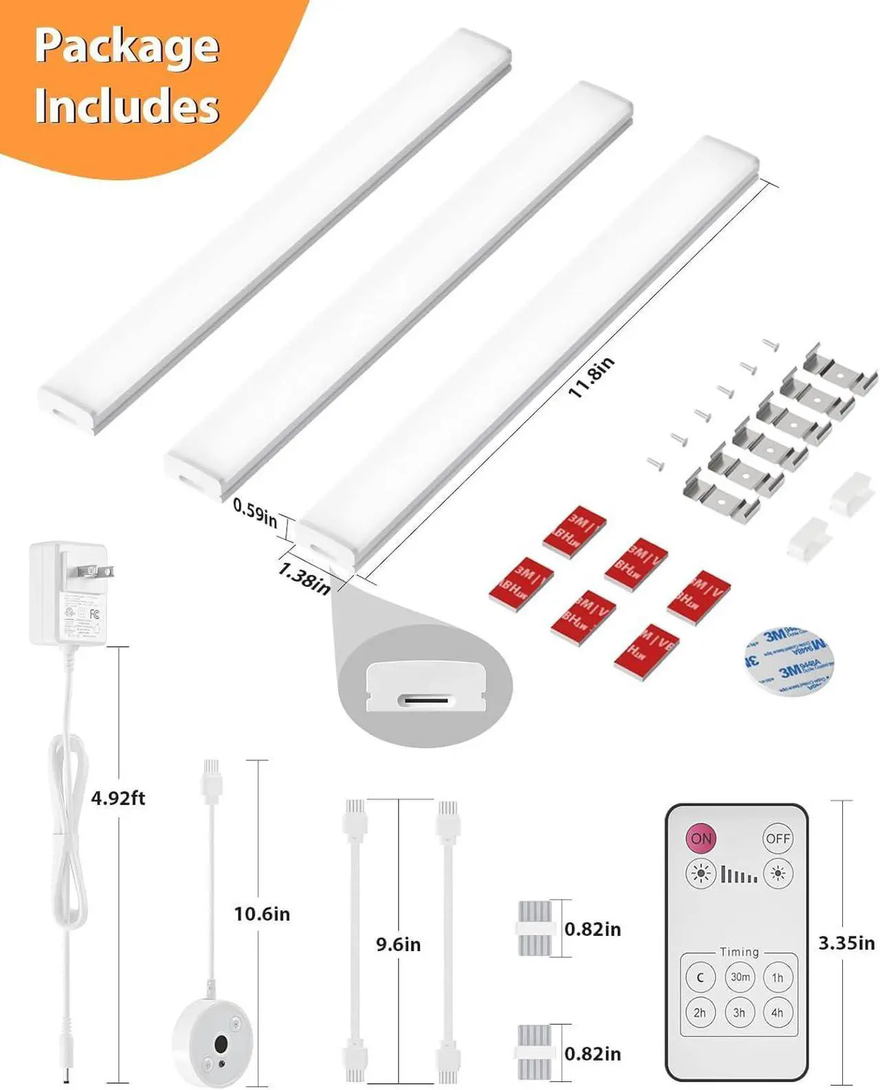 Alt view image 5 of 7 - Under Cabinet Lighting Plug in Led Under Counter Light Bar with Remote Control 12 Inch Closet Light Wired for Kitchen Indoor Fixtures Dimmable 6000K White 3 Pack