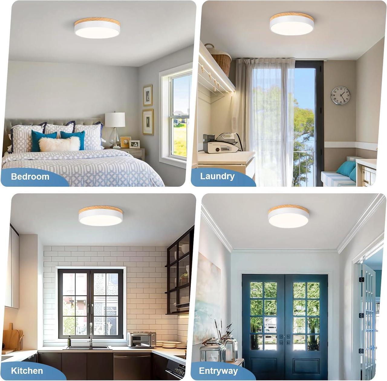 Alt view image 2 of 7 - Dimmable Wood LED Ceiling Light Fixture 5CCT 2700K-6000K Modern White Flush Mount Ceiling Lighting Minimalist Round Ceiling Lamp for Bedroom Kitchen Laundry Room Hallway 11.81in