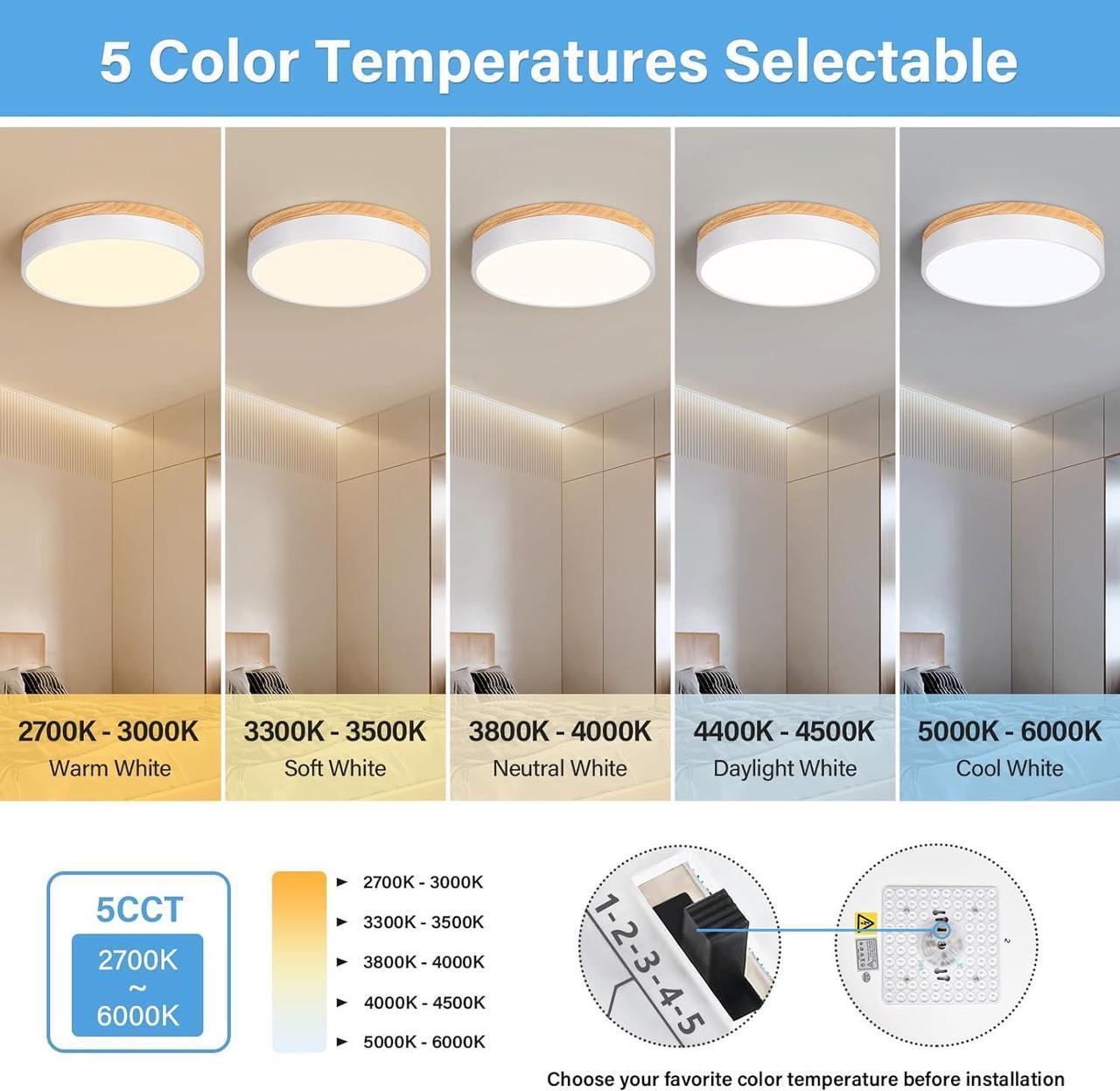 Alt view image 5 of 7 - Dimmable Wood LED Ceiling Light Fixture 5CCT 2700K-6000K Modern White Flush Mount Ceiling Lighting Minimalist Round Ceiling Lamp for Bedroom Kitchen Laundry Room Hallway 11.81in