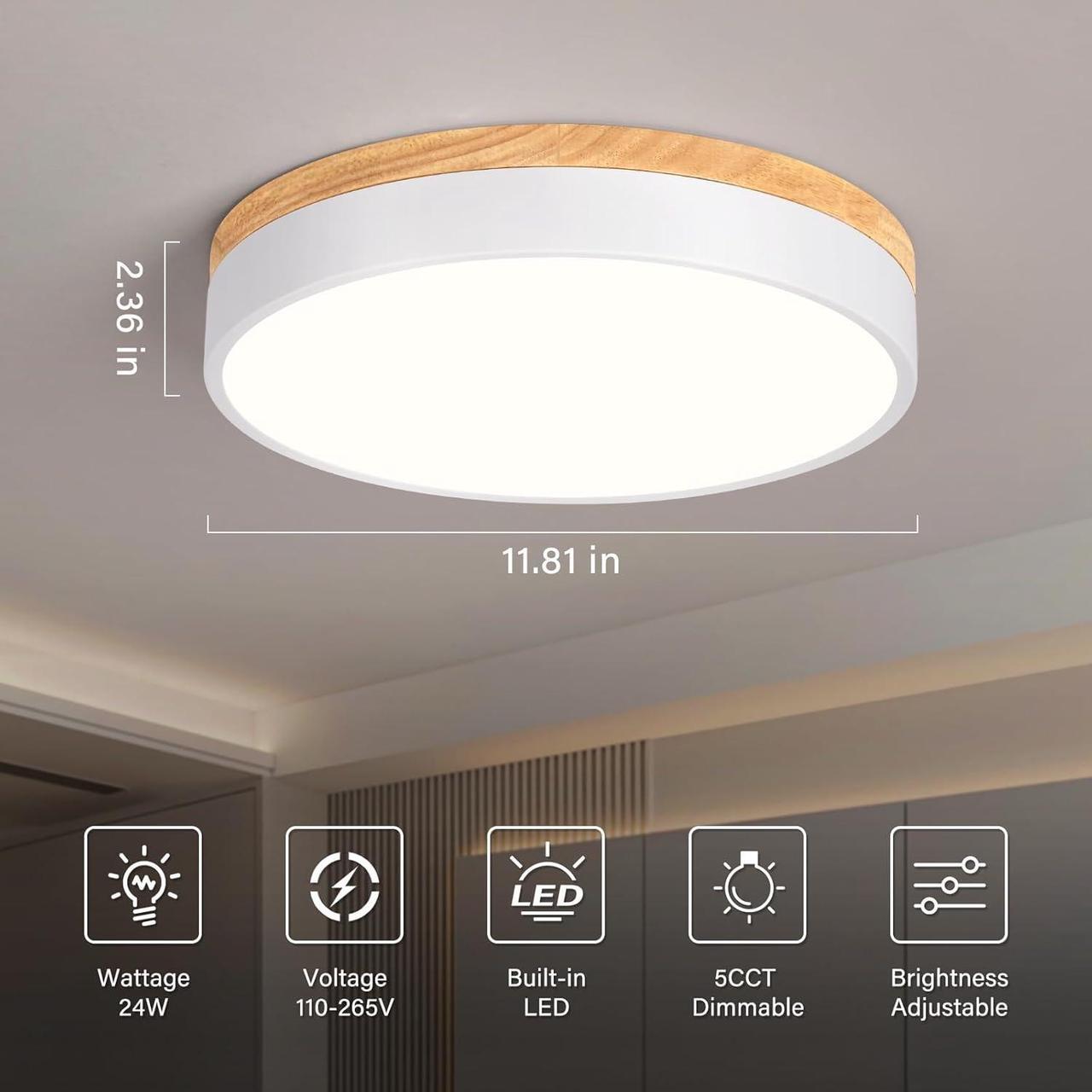 Alt view image 6 of 7 - Dimmable Wood LED Ceiling Light Fixture 5CCT 2700K-6000K Modern White Flush Mount Ceiling Lighting Minimalist Round Ceiling Lamp for Bedroom Kitchen Laundry Room Hallway 11.81in