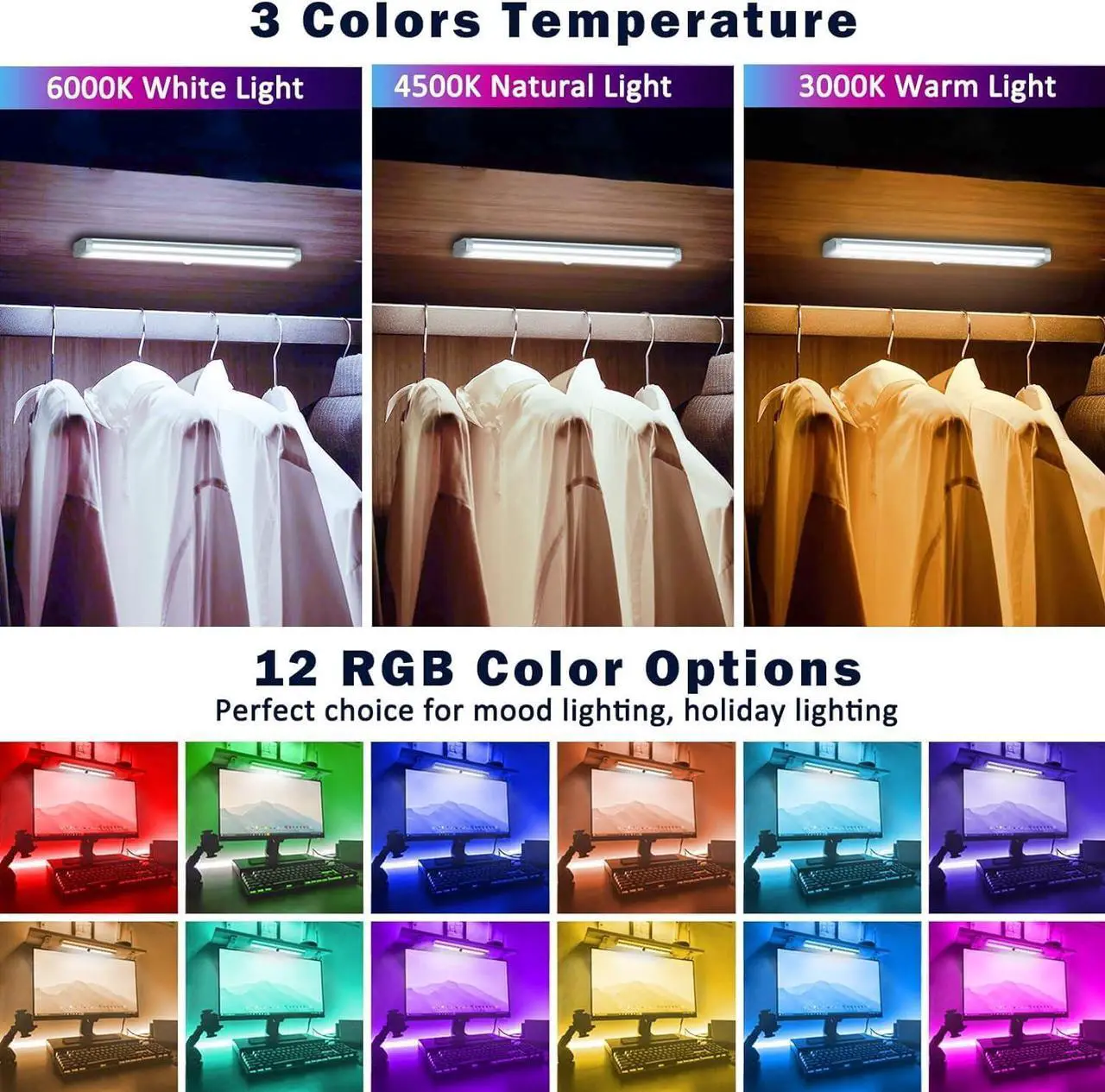 Alt view image 2 of 6 - Under Cabinet Lights Wireless 58-LED Rechargeable Motion Sensor Closet Lights with Remote Control RGB Color Changing Under Counter Lights for Kitchen Pantry Bedroom Stairs 4 Pack