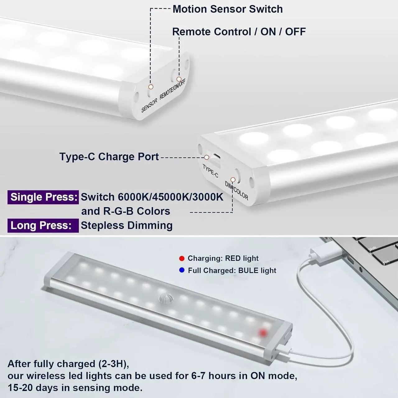 Alt view image 3 of 6 - Under Cabinet Lights Wireless 58-LED Rechargeable Motion Sensor Closet Lights with Remote Control RGB Color Changing Under Counter Lights for Kitchen Pantry Bedroom Stairs 4 Pack