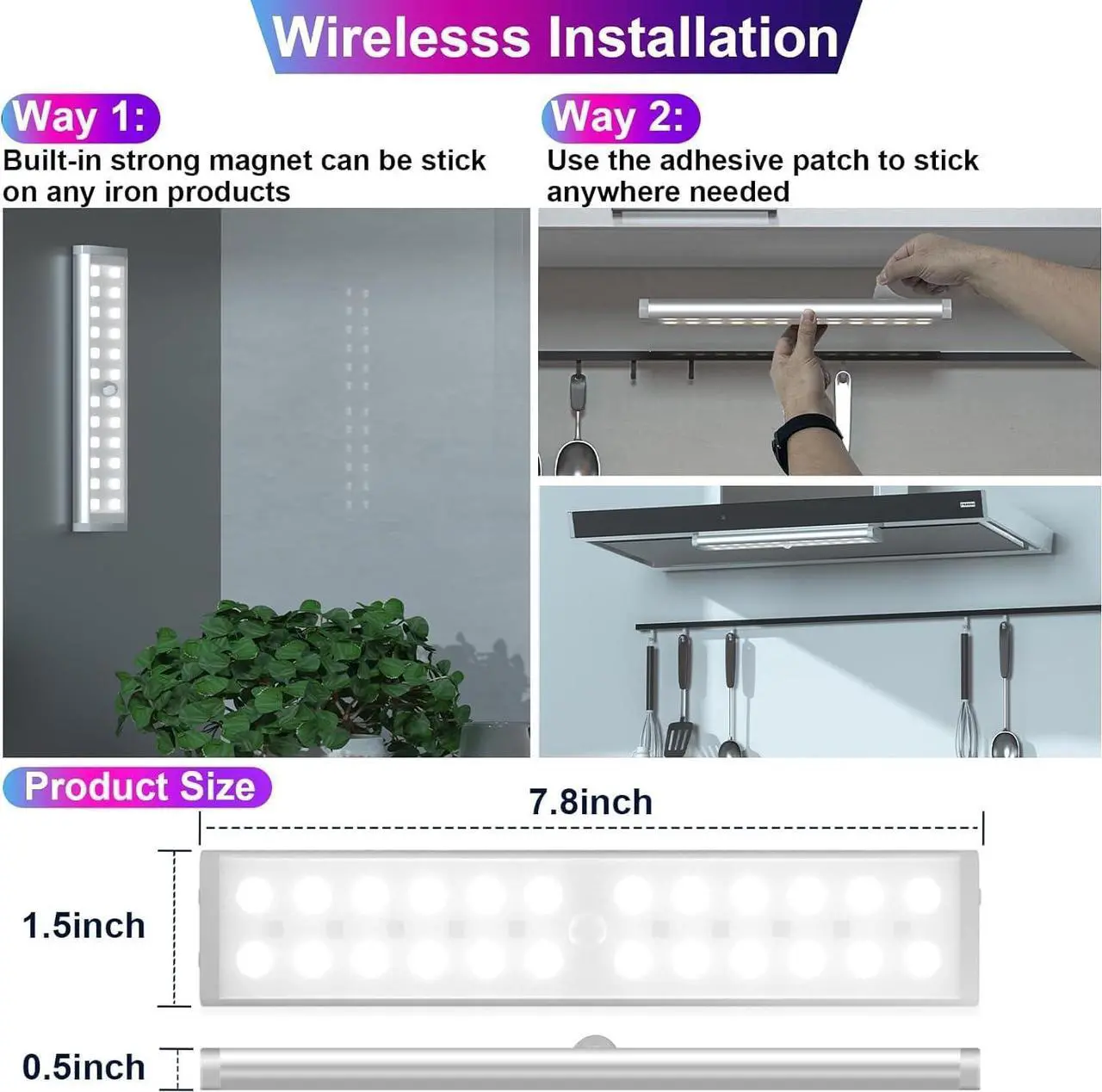 Alt view image 4 of 6 - Under Cabinet Lights Wireless 58-LED Rechargeable Motion Sensor Closet Lights with Remote Control RGB Color Changing Under Counter Lights for Kitchen Pantry Bedroom Stairs 4 Pack