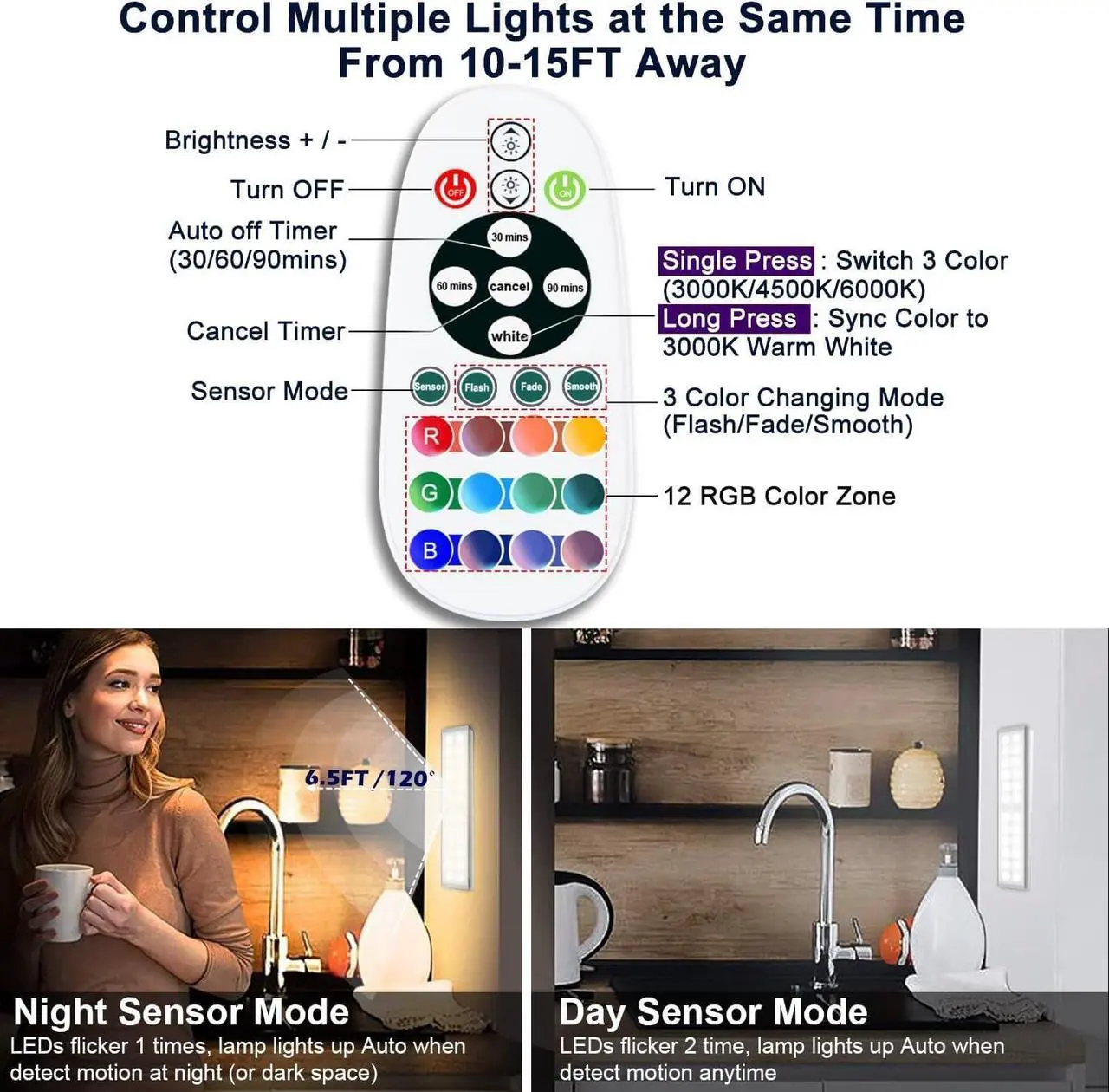 Alt view image 5 of 6 - Under Cabinet Lights Wireless 58-LED Rechargeable Motion Sensor Closet Lights with Remote Control RGB Color Changing Under Counter Lights for Kitchen Pantry Bedroom Stairs 4 Pack
