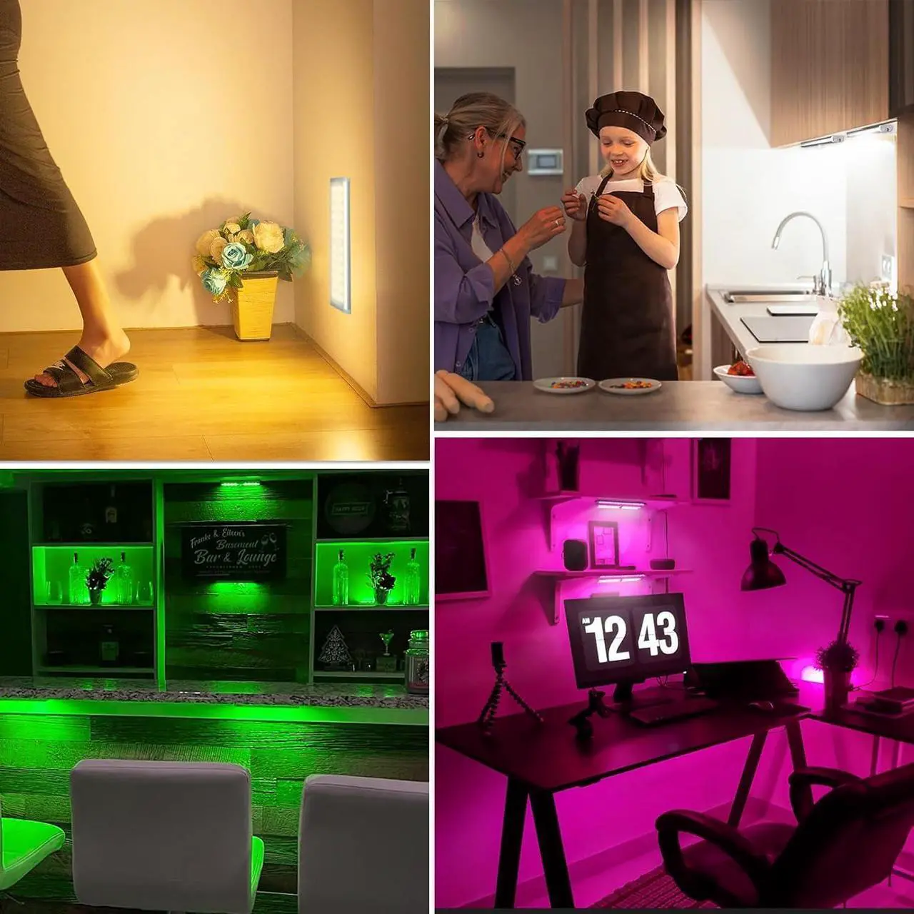 Alt view image 6 of 6 - Under Cabinet Lights Wireless 58-LED Rechargeable Motion Sensor Closet Lights with Remote Control RGB Color Changing Under Counter Lights for Kitchen Pantry Bedroom Stairs 4 Pack