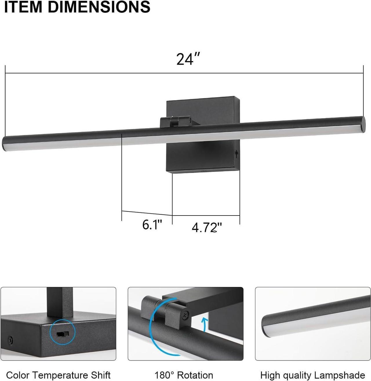 Alt view image 3 of 7 - 24 Inch LED Bathroom Vanity Light (3000K/4000K/6000K Dimmable) Black Modern Bathroom Light Fixture Over Mirror Vanity Light Bar for Bathroom with Angle Adjustable