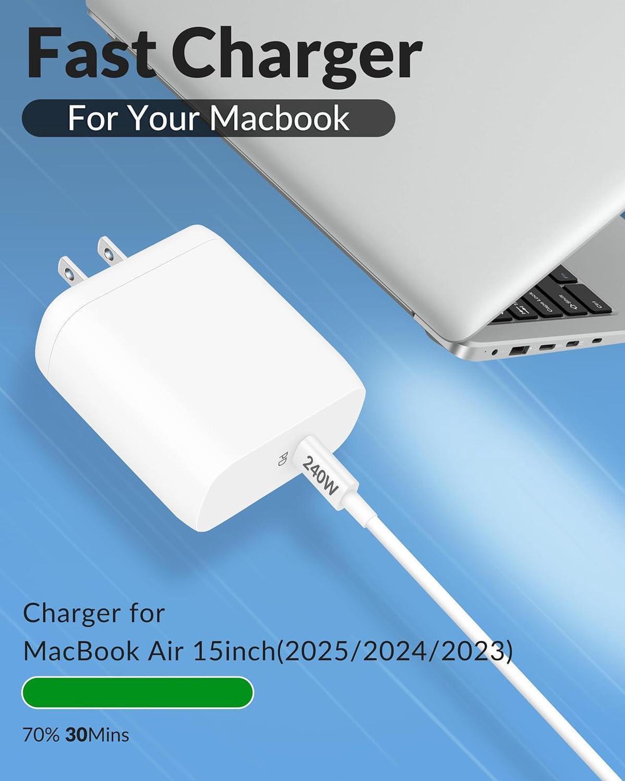 Alt view image 2 of 7 - Charger for MacBook Air MacBook Pro 13 14 15 16 inch 2025 2024 2023 2022 2021 2020 M4 M3 M2 M1 USB C Mac Computer Charger 70W GaN 3.0 USBC Laptop Power Adapter Block with 240W 6FT Charging Cord Cable