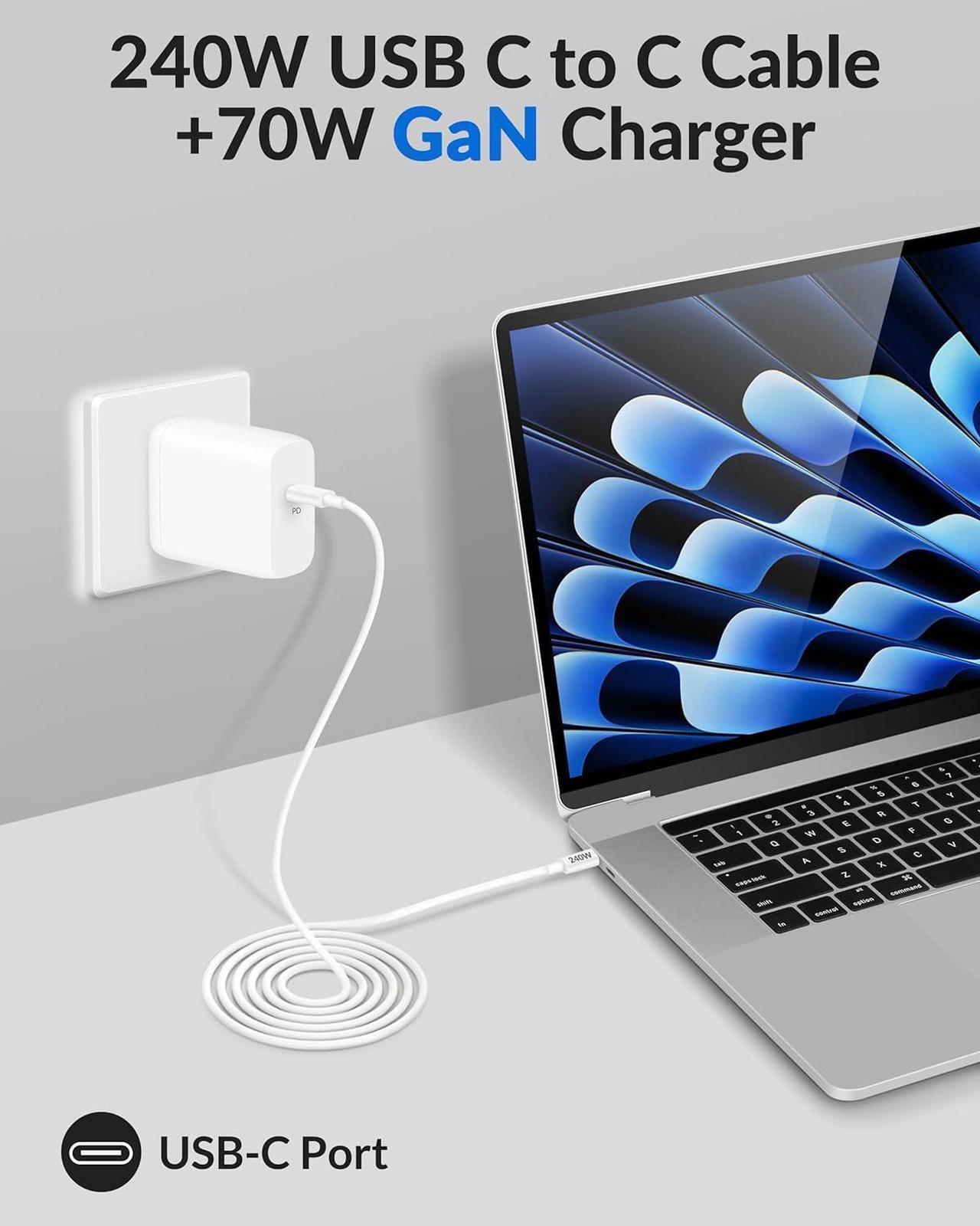 Alt view image 3 of 7 - Charger for MacBook Air MacBook Pro 13 14 15 16 inch 2025 2024 2023 2022 2021 2020 M4 M3 M2 M1 USB C Mac Computer Charger 70W GaN 3.0 USBC Laptop Power Adapter Block with 240W 6FT Charging Cord Cable