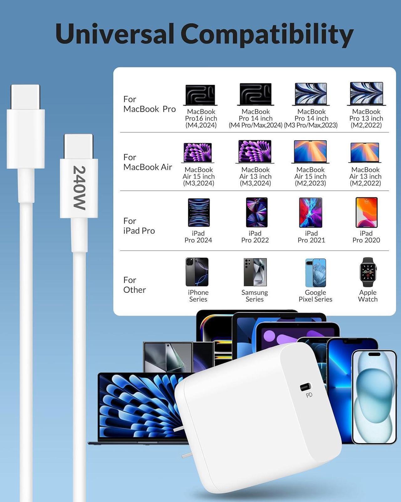 Alt view image 4 of 7 - Charger for MacBook Air MacBook Pro 13 14 15 16 inch 2025 2024 2023 2022 2021 2020 M4 M3 M2 M1 USB C Mac Computer Charger 70W GaN 3.0 USBC Laptop Power Adapter Block with 240W 6FT Charging Cord Cable