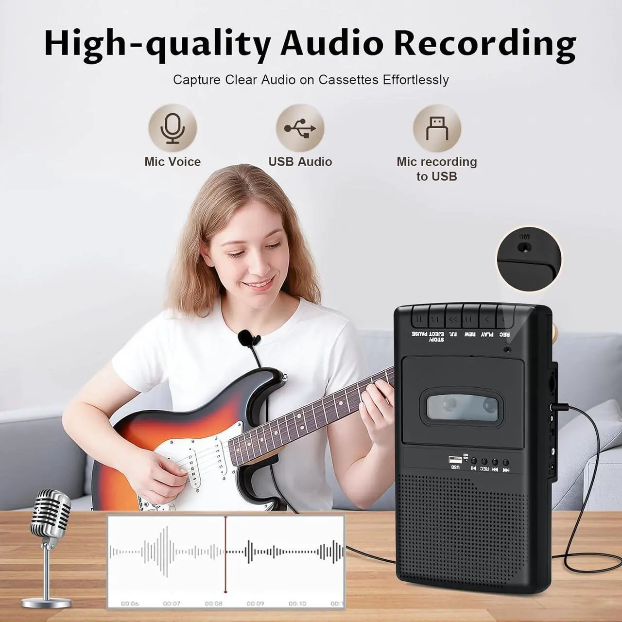 Alt view image 3 of 6 - Retro Cassette Player Recorder with Independent Microphone Cassette USB Digital Converter with Reverse Recording Portable Tape USB Audio Player with Earphone Retractable Handle