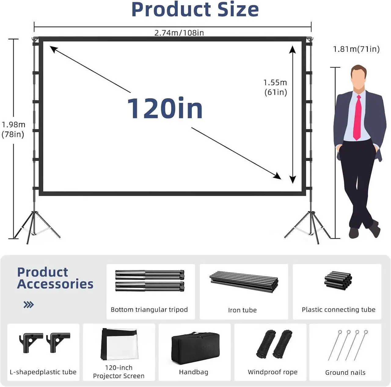Alt view image 5 of 7 - Projector Screen Outdoor Projector Screen with Stand Portable 120 Foldable ProjectorScreen 10 Feet Indoor Movie-Screen with Carrying Bag for Home Theater Backyard Movie Night