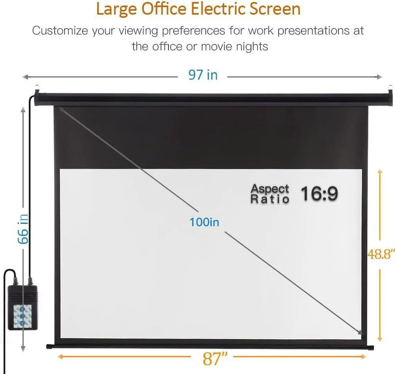 Alt view image 2 of 7 - Motorized Projector Screen 100 inch 16:9 HD Diagonal Indoor and Outdoor Movie Screen with Remote Control for Family Home Office Theater Black