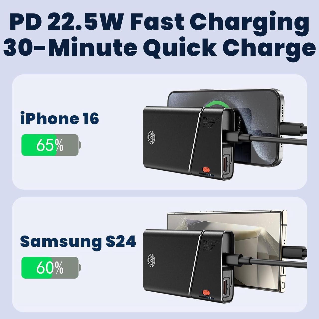 Alt view image 3 of 7 - Portable Charger Power Bank 20000mAh - 22.5W PD Super Fast Charging with Detachable Cable  USB-C in&Out Travel Essential Battery Pack Compatible with iPhone 16/15/14/13 iPad MacBook  Moto ect
