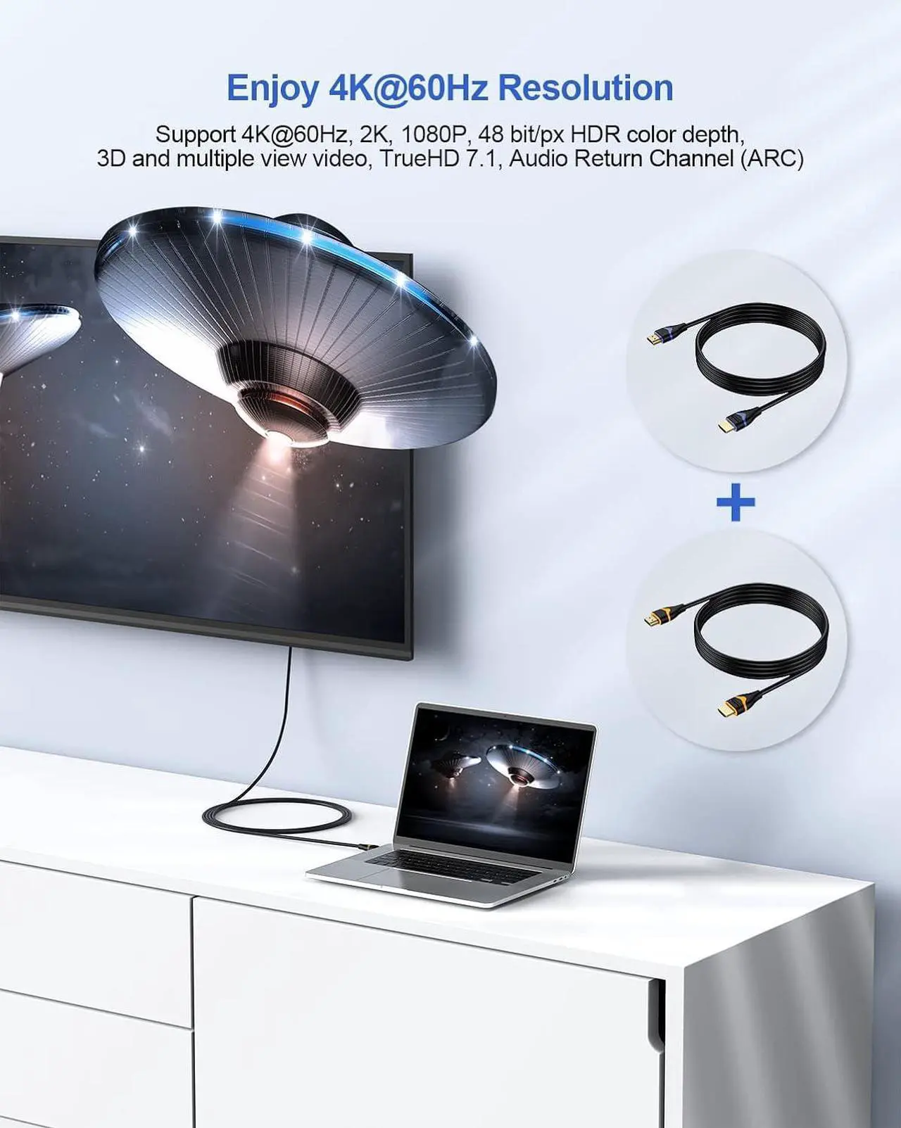 Alt view image 2 of 7 - 4K HDMI Cable 6.6FT 2-Pack HDMI to HDMI Cable High Speed HDMI Cord 2.0 Ultra HD 4K@60Hz 2K@144Hz HDR 3D Dolby HDCP 2.2 ARC for PS5 PS4 HDTV Monitor Xbox Blu-ray Laptop