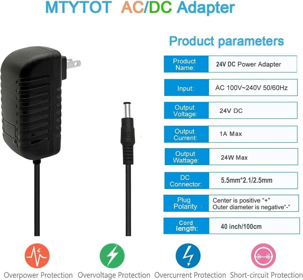 Alt view image 2 of 7 - 24V 1A AC Adapter Power Supply 100-240V AC to DC 24Volts 1A 24W Converter Transformer Switching Power Supply with 5.5mmx2.5mm Plug for LED Strip Light CCTV Camera DC Pump Black