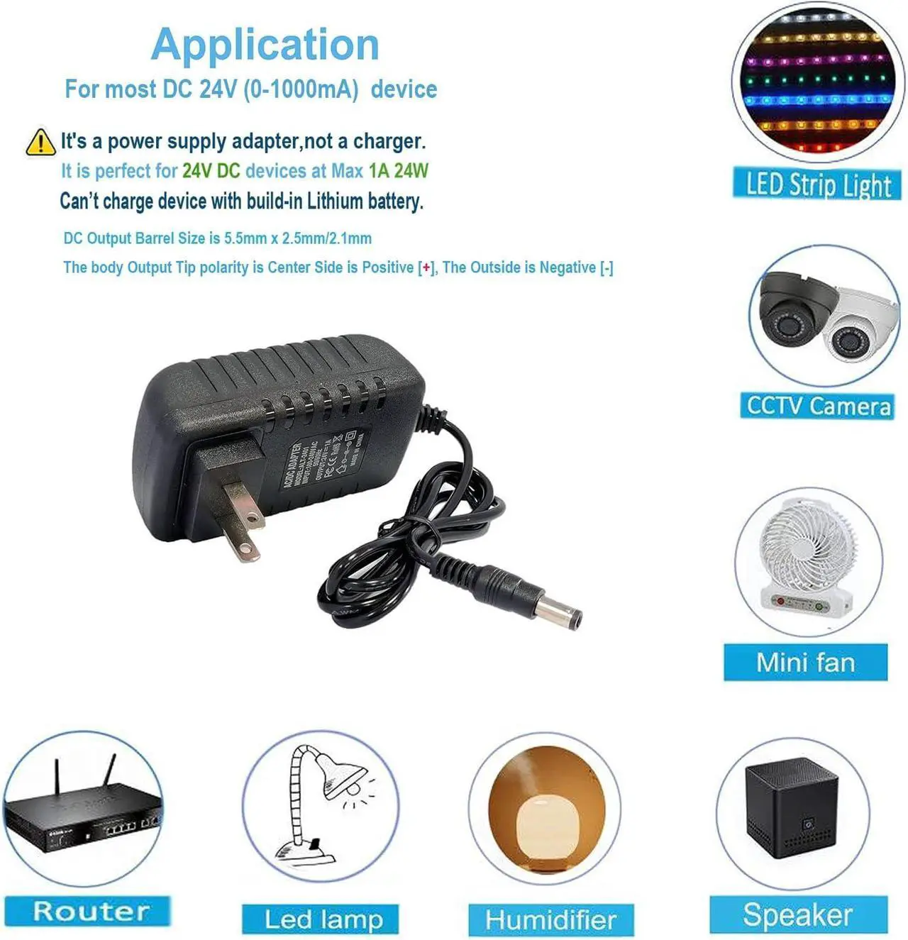 Alt view image 5 of 7 - 24V 1A AC Adapter Power Supply 100-240V AC to DC 24Volts 1A 24W Converter Transformer Switching Power Supply with 5.5mmx2.5mm Plug for LED Strip Light CCTV Camera DC Pump Black