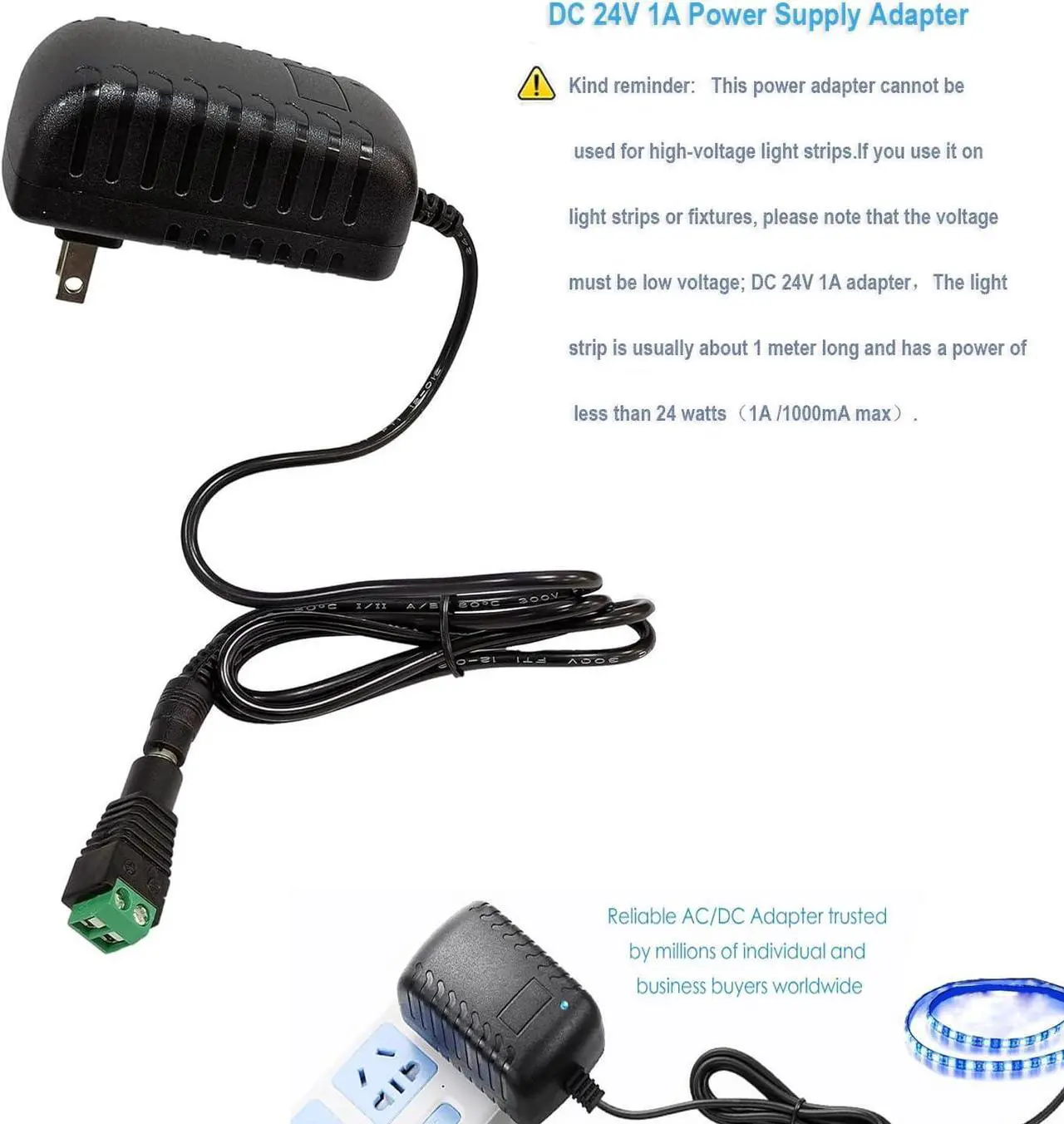Alt view image 7 of 7 - 24V 1A AC Adapter Power Supply 100-240V AC to DC 24Volts 1A 24W Converter Transformer Switching Power Supply with 5.5mmx2.5mm Plug for LED Strip Light CCTV Camera DC Pump Black