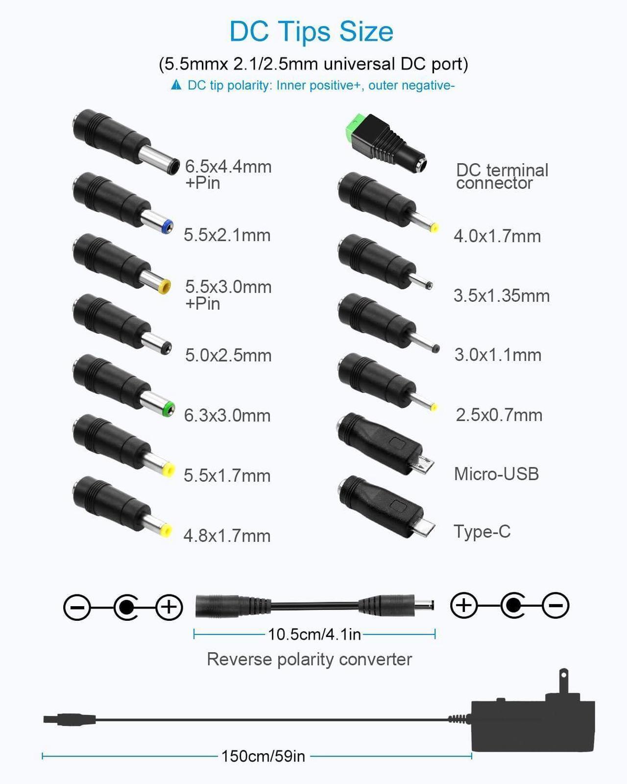 Alt view image 3 of 7 - 30W Universal AC to DC Power Supply Adapter 3V to 12V Adjustable with 14Adapter Tips & USB Port for Household Electronics Routers 2.5A Max