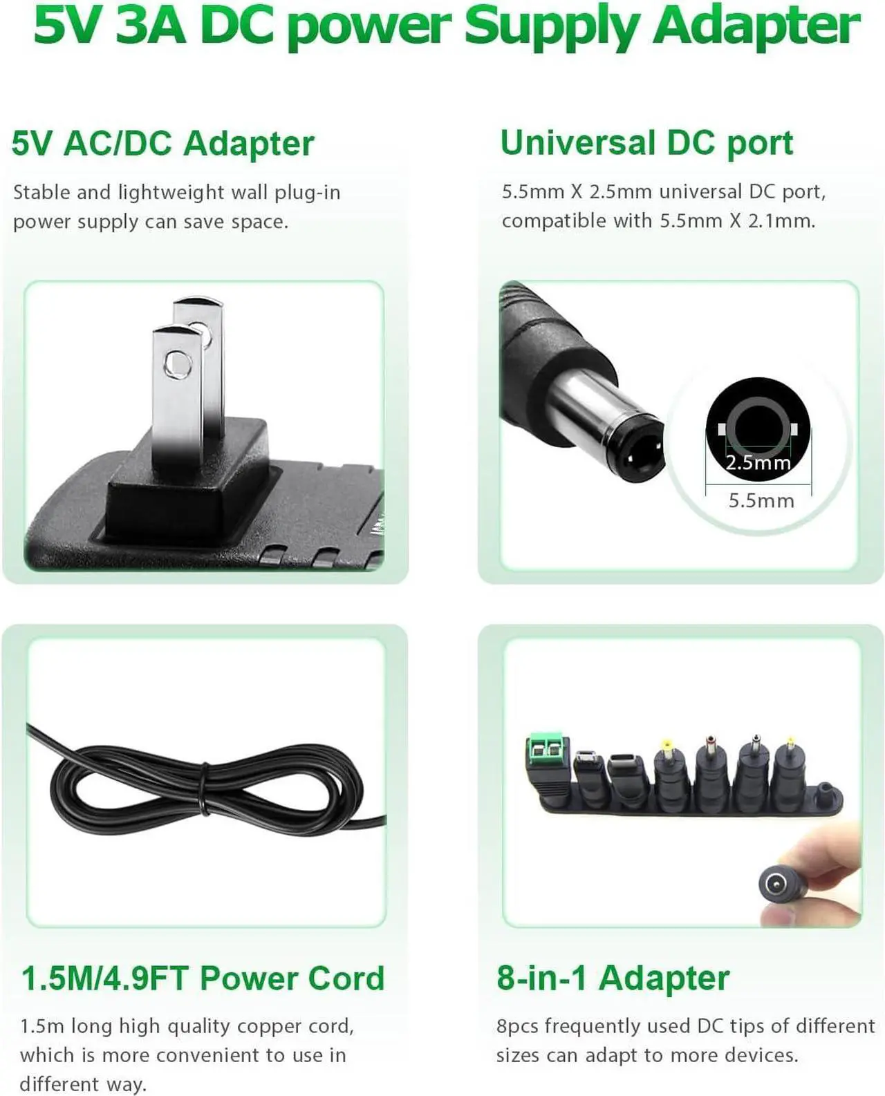 Alt view image 2 of 6 - 5V 3A Power Supply Adapter 15W AC/DC 5V Power Cord AC 100V-240V to DC 5 Volt Power Supply 3Amp 2A 1A 500mA for LED Lights Security Camera HDMI TV Box Raspberry Pi USB Type C with 8TIPS