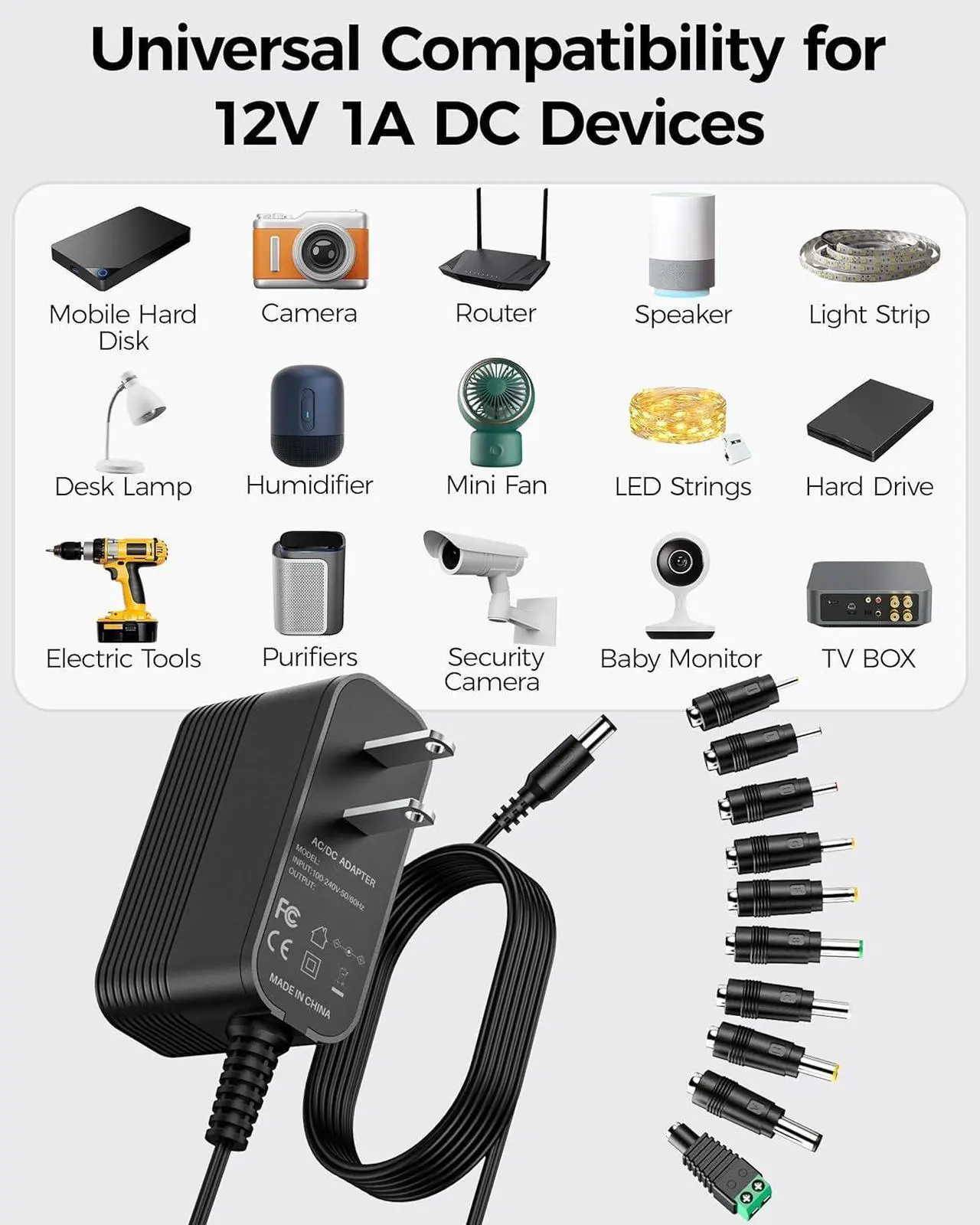 Alt view image 2 of 7 - 12V Power Supply AC Adapter 12 Volt Charger Universal Power Adapter for DC in 12V Power Cord with 10 Interchangeable Jacks for 1000mA 900mA 800mA 700mA 600mA 500mA 400mA 300mA 200mA 100mA Electronic