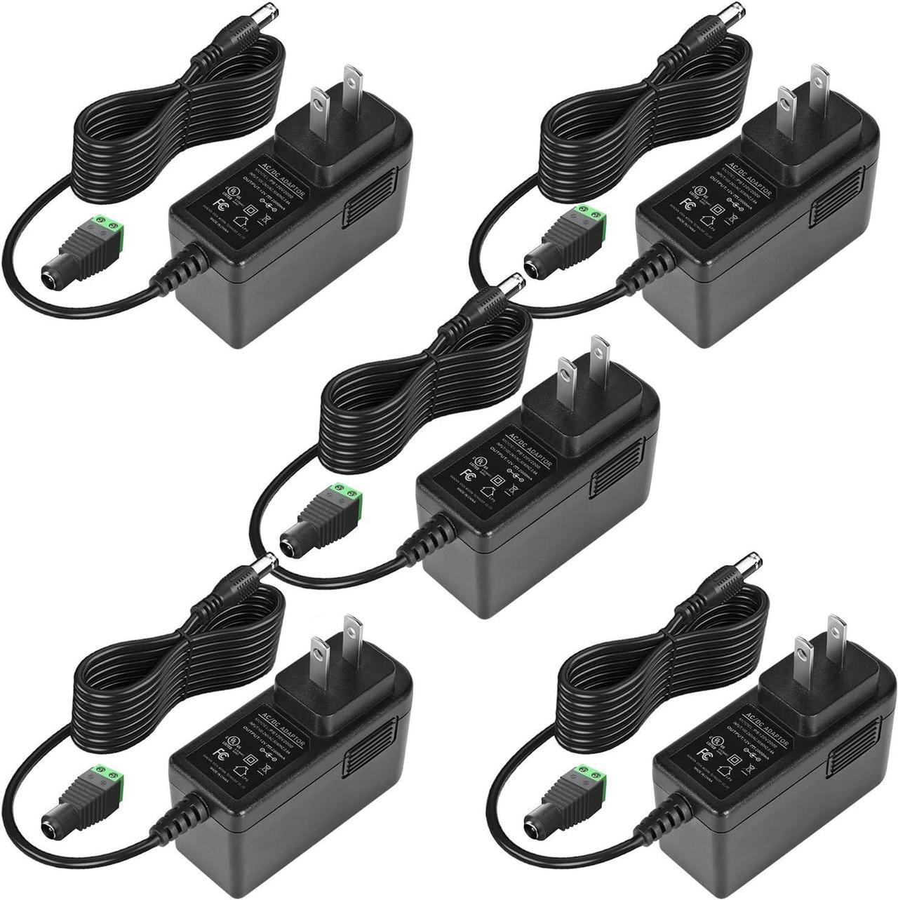 Main image of 12V 2A Power Supply Adapter UL-Listed 120V AC to 12V DC Adapter Transformer 12 Volt 2 Amp 24W Wall Charger for LED Strip Lights Security Camera 5.5x2.1mm US Plug (5 Pack)