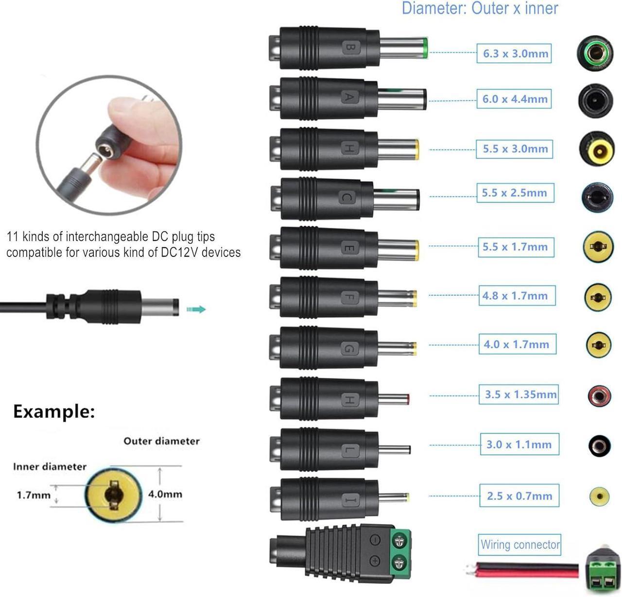 Alt view image 2 of 7 - 12V 3A Power Supply AC Adapter Charger with 11 Changeable DC Plug Tips AC120V to DC 12Volts 3A 2.5A 2A 1.5A 1A Power Adapter DC12V Switching Power Supply Cord for LED Strip Lights GPS PC Display