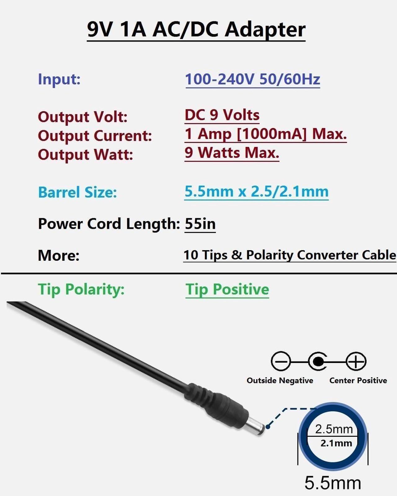 Alt view image 2 of 6 - 9V 1A AC DC Converter Power Supply Cord Adapter 100-240V 50-60Hz Wall Plug to DC 9 Volt 1 Amp Power Adapter Transformer 5.5 x 2.1mm Reverse Polarity Converter Cable & 10 Tips
