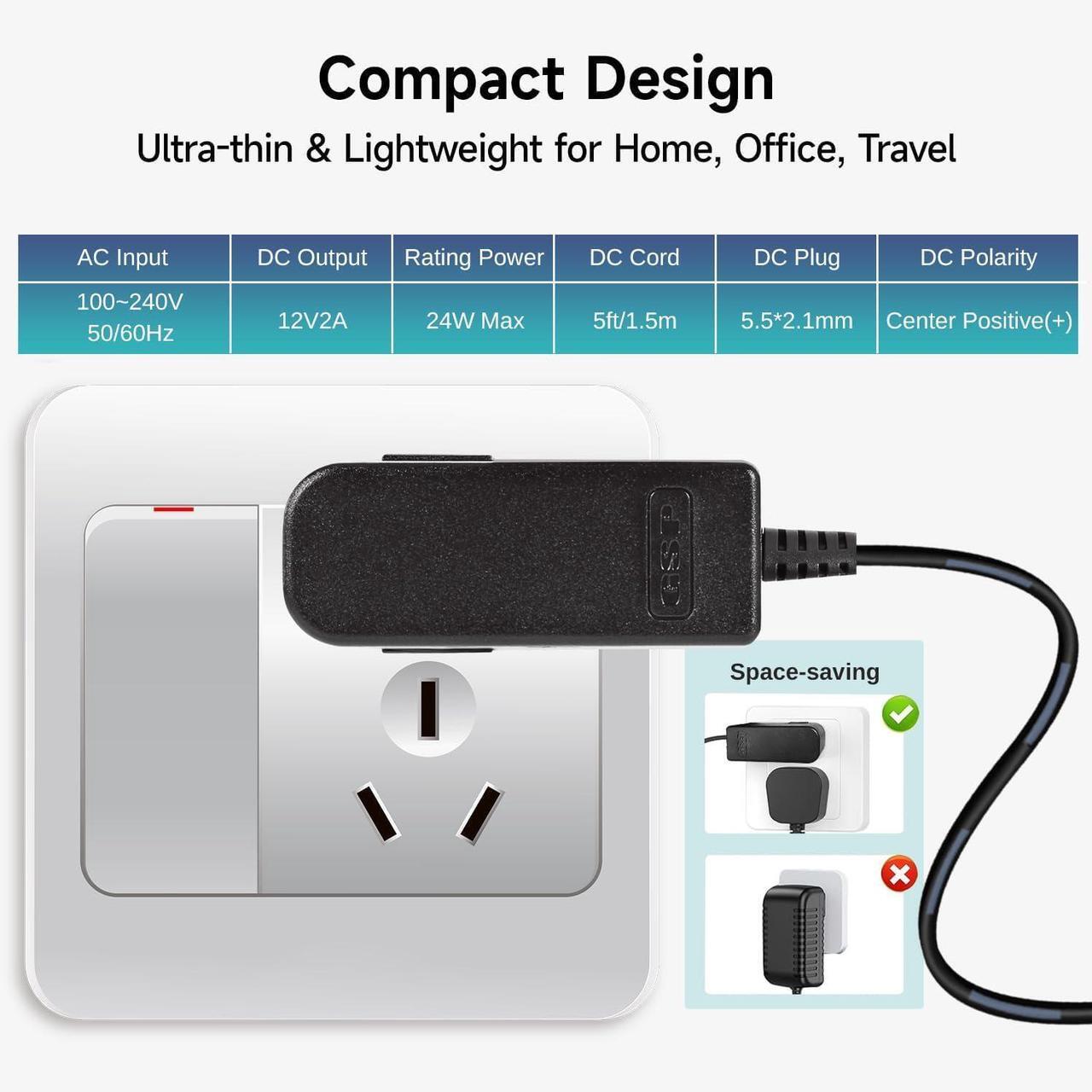 Alt view image 4 of 7 - 12V 2A Power Supply Adapter UL-Listed 120V AC to 12V DC Adapter Transformer 12 Volt 2 Amp 24W Wall Charger for LED Strip Lights Security Camera 5.5x2.1mm US Plug (5 Pack)