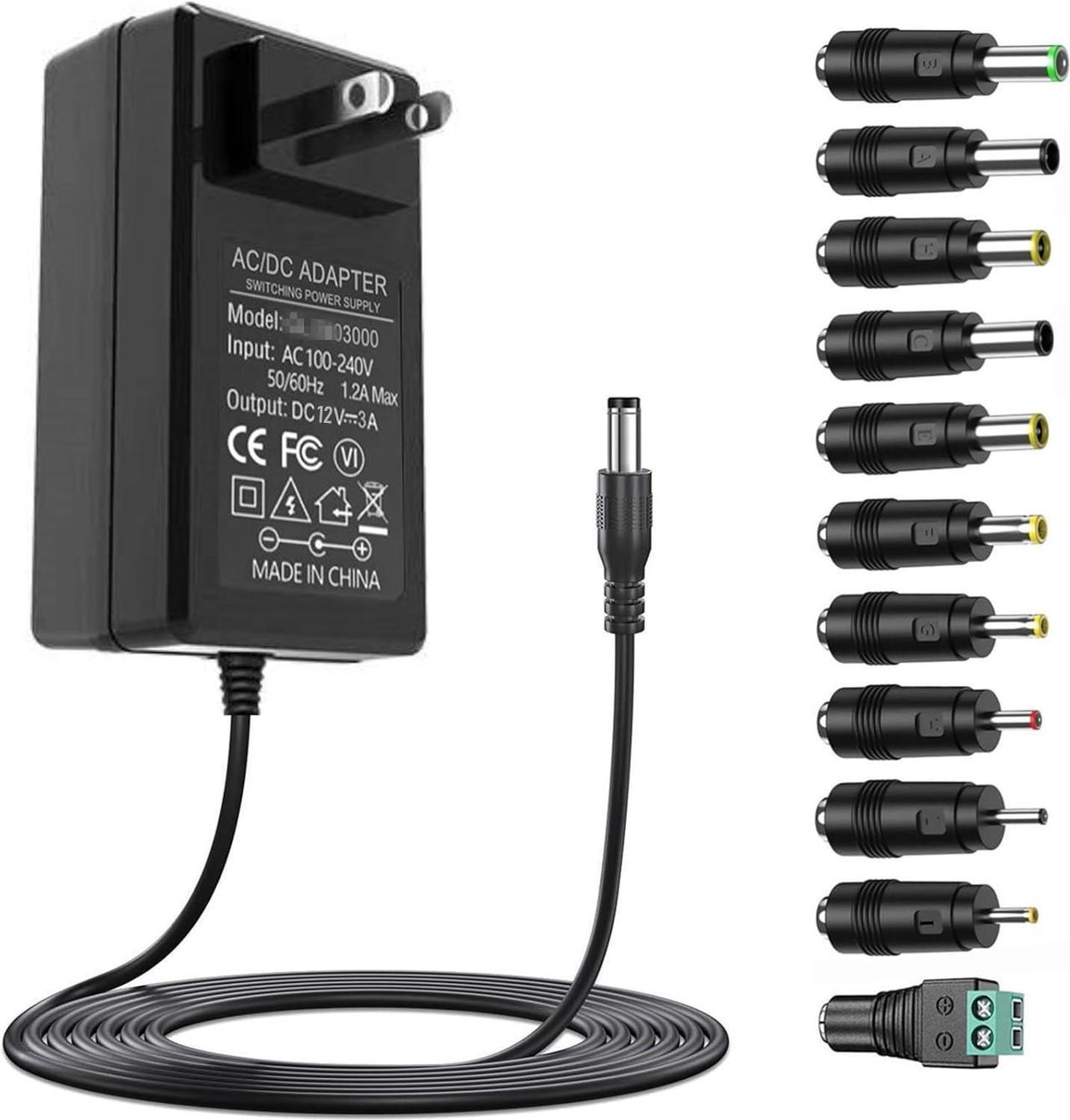 Main image of 12V 3A Power Supply AC Adapter Charger with 11 Changeable DC Plug Tips AC120V to DC 12Volts 3A 2.5A 2A 1.5A 1A Power Adapter DC12V Switching Power Supply Cord for LED Strip Lights GPS PC Display