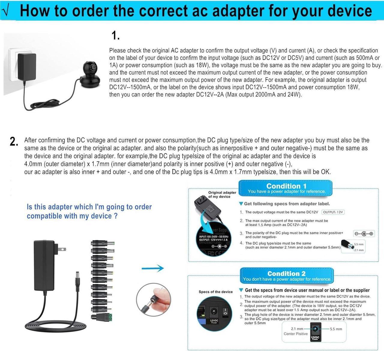 Alt view image 3 of 7 - 12V 3A Power Supply AC Adapter Charger with 11 Changeable DC Plug Tips AC120V to DC 12Volts 3A 2.5A 2A 1.5A 1A Power Adapter DC12V Switching Power Supply Cord for LED Strip Lights GPS PC Display