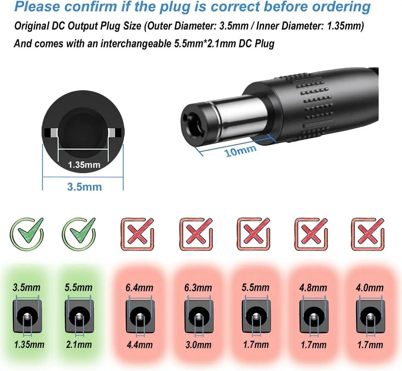 Alt view image 7 of 7 - Power Supply Adapter 12V 1A 12 Watts AC DC Power Supply Adapter with UL Certified 9.8FT Power Cord and 3.5 x 1.35mm Plug and one More 5.5 x 2.1mm Additional DC Plug for CCTV Camera etc